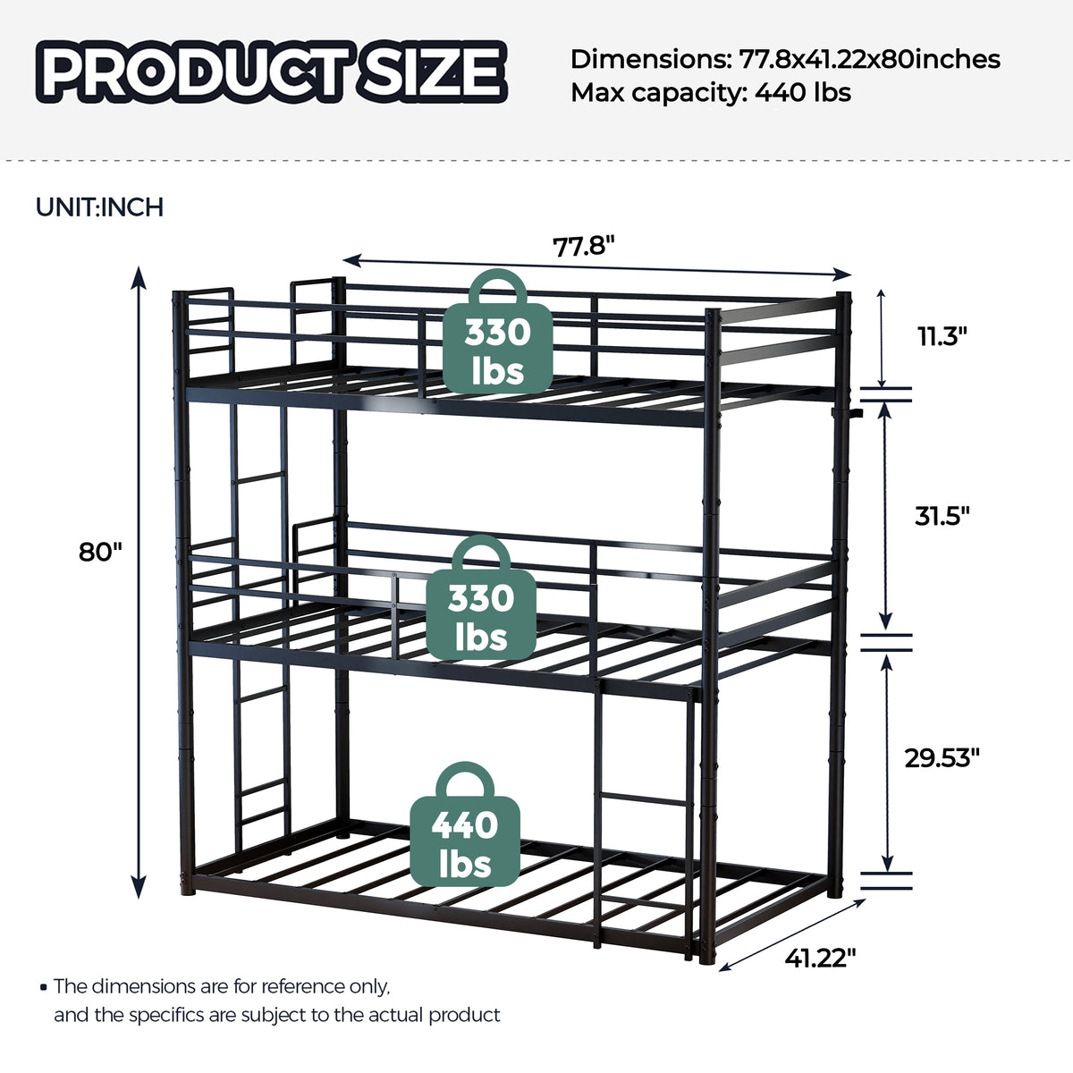 Kdymod Triple Bunk Bed Twin over Twin over Twin with 2 Ladders & Guardrails, Includes 3 Twin 6" Memory Foam Mattresses, Heavy Duty Detachable Metal Bed Frame, Converts to 3 Separate Beds
