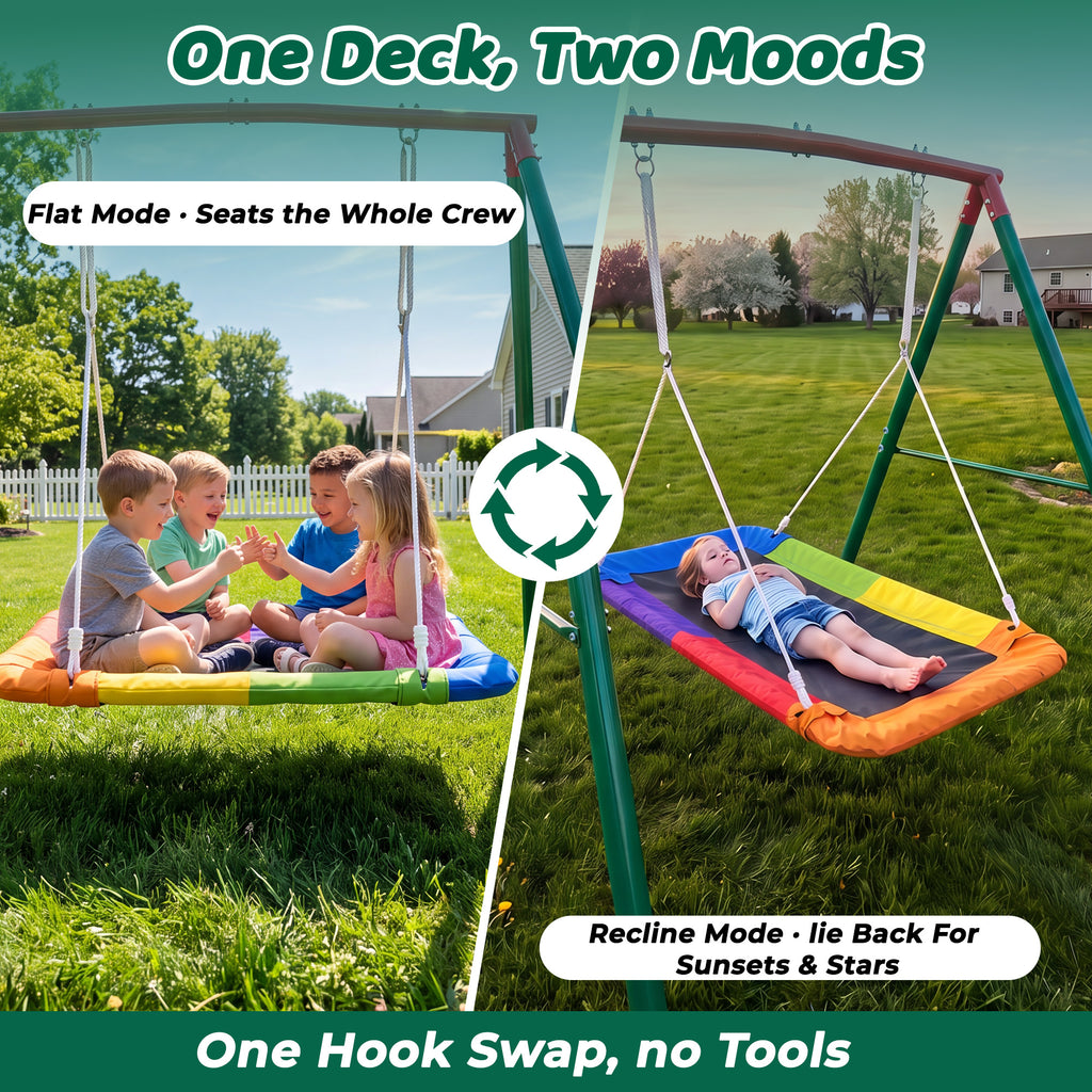 Mersco 60" Platform Swing Seat and Sturdy Metal A-Frame Stand for Kids , Detachable Rectangular Swing, 440 lbs Heavy-Duty A-Frame for Small Backyard Fun,Green