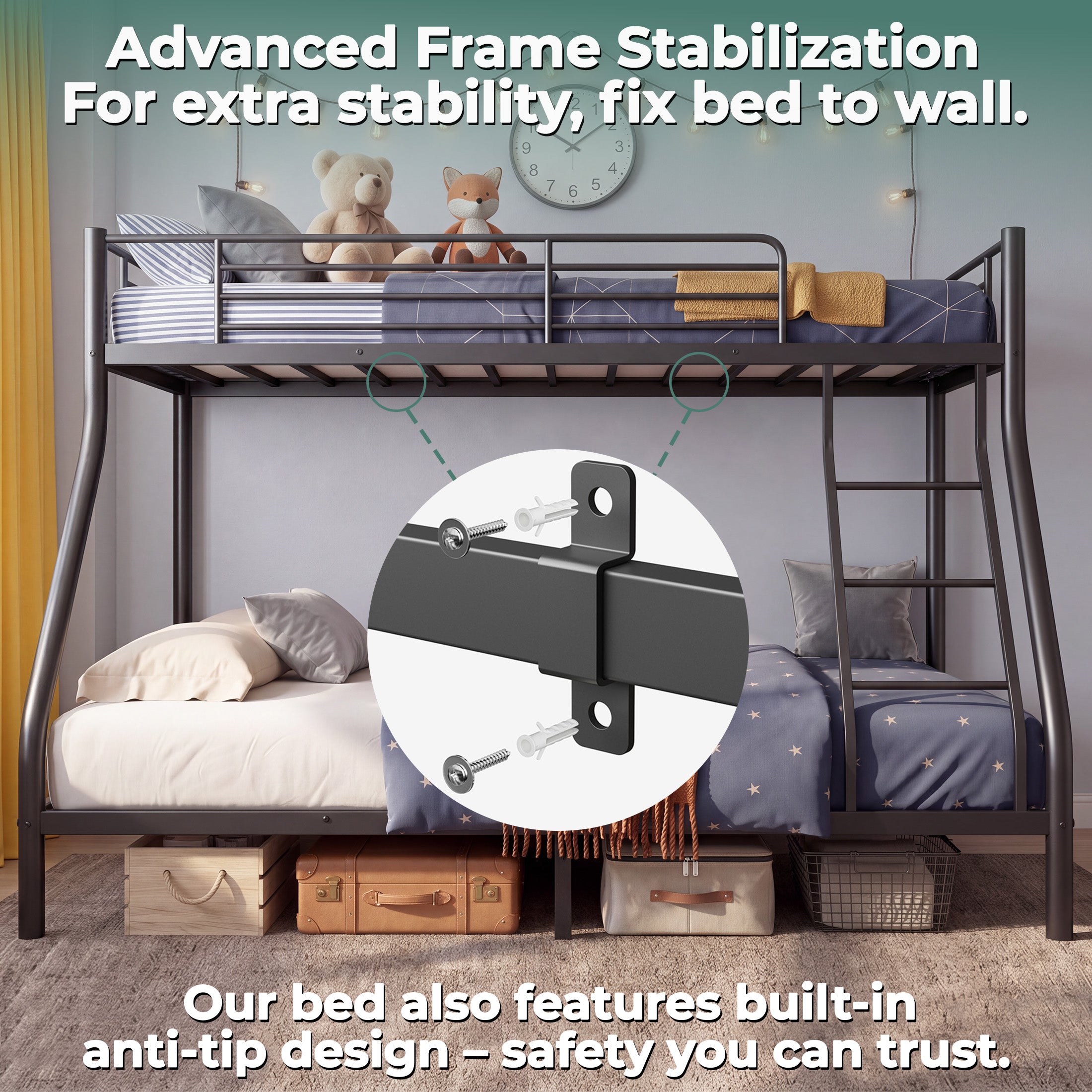 Kdymod Twin over Full Metal Bunk Bed with Stairs & Storage, Heavy Duty Bed Frame for Adults & Teens, Includes 2 6" Memory Foam Mattresses, No Box Spring Needed, Black