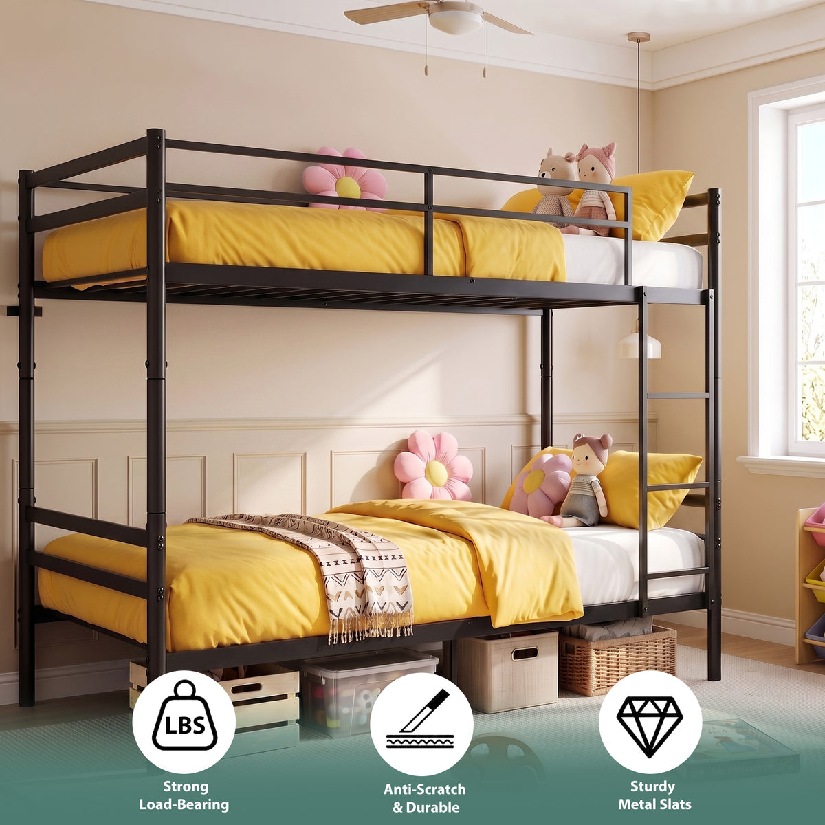 Kdymod Twin over Twin Metal Bunk Bed with Convertible 2-in-1 Design, Metal Bunk Bed Frame with Ladder & Safety Guardrail, Space-Saving for Teens and Adults, Black