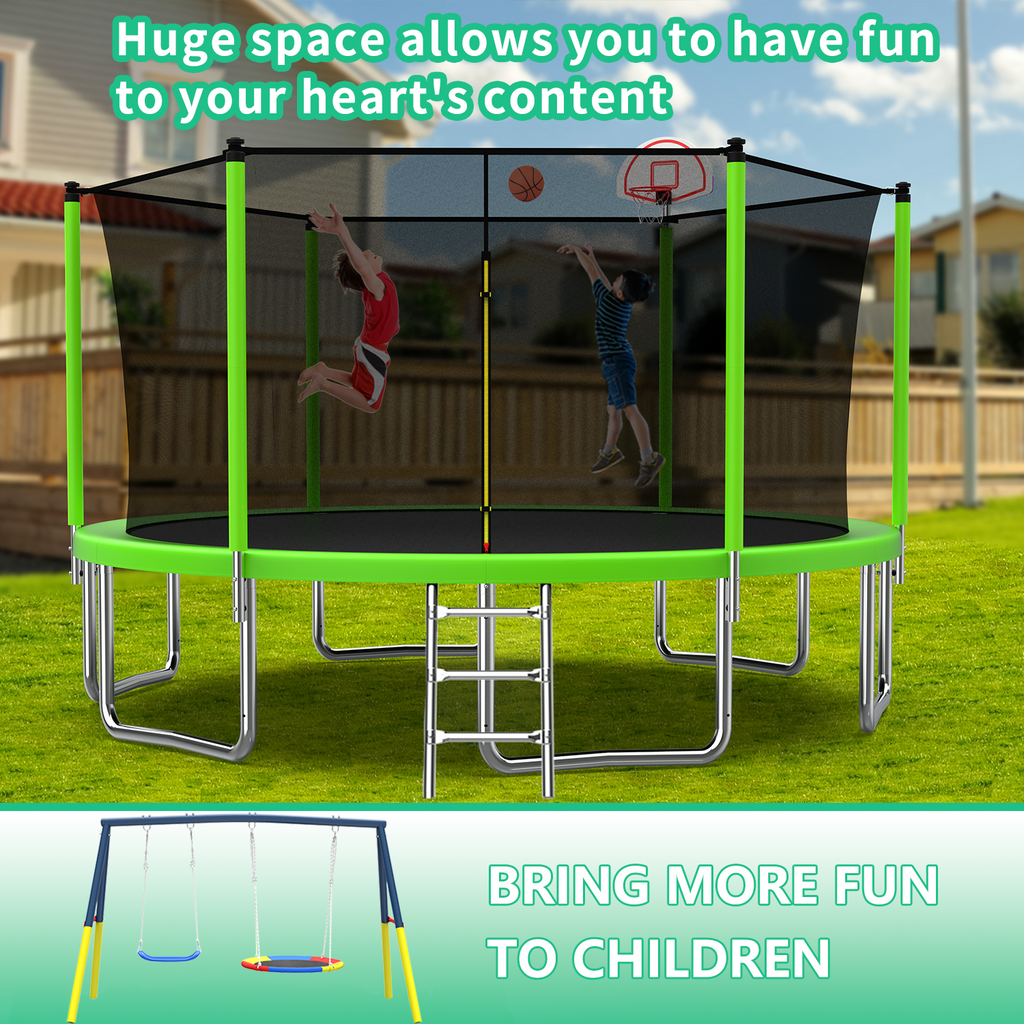 Mersco 14FT Heavy Duty Trampoline with Enclosure Net ,Swing Set Outdoor Big Trampoline for Backyard,Kids Trampoline with Basketball Hoop,Birthday and Holiday Gifts for Kids,Green