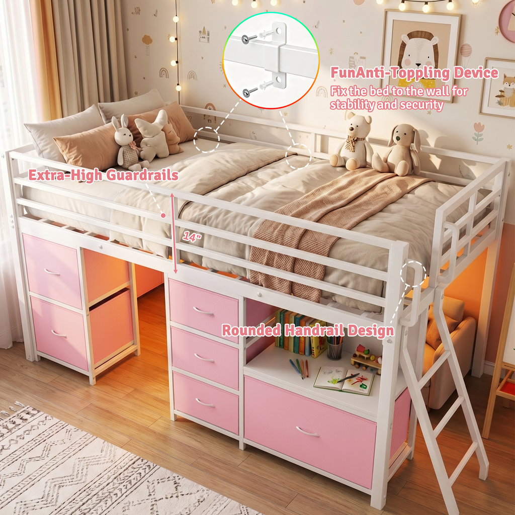 Kdymod Full Loft Bed with 6 Storage Drawers & Shelf, Loft Bed with LED Lights & Play Curtain, Metal Loft Bed Frame with Ladder & Safety Guardrail, Pink