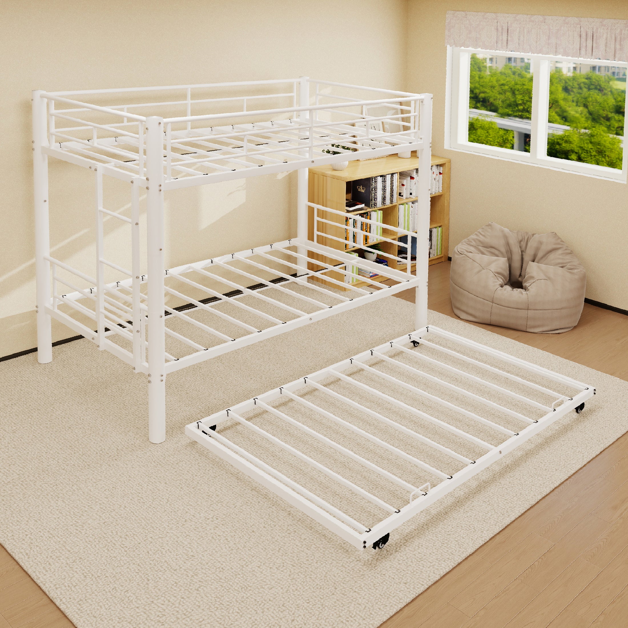 Kdymod Triple Bunk Bed Twin over Twin with Trundle,Triple Twin Bunk Bed with Ladder & Guardrail,Metal Convertible Triple Bunk Bed Frame for Teen & Adult,Bedroom,Dorm,White (Mattress not included)