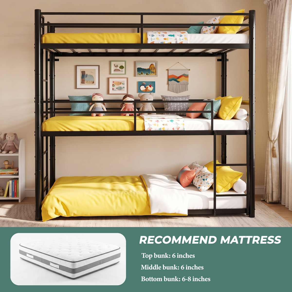 Kdymod Triple Bunk Bed Twin over Twin over Twin with Full-Length Guardrails & Reversible Ladder, Includes 3 Twin 6" Memory Foam Mattresses, Heavy-Duty Metal Bunk Bed Frame with Convertible Design