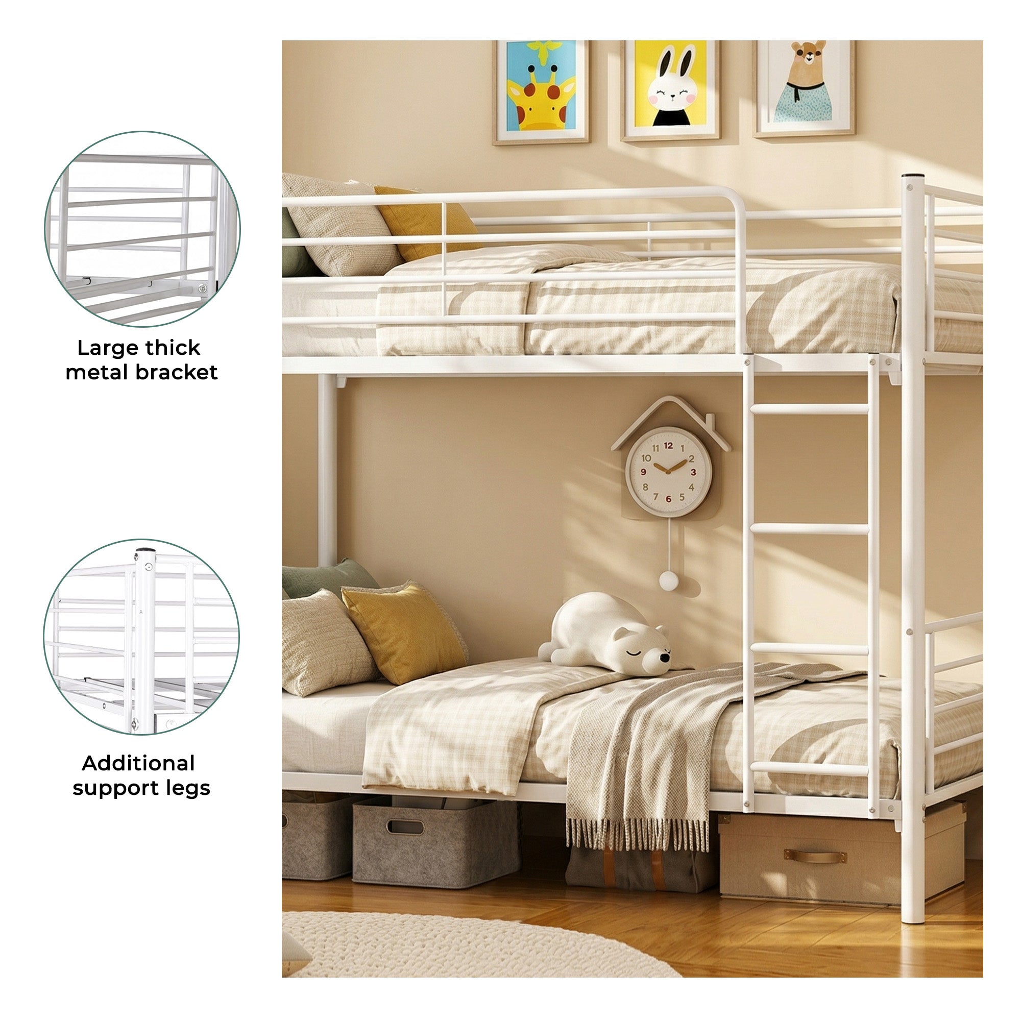 Uiowio Twin over Twin Metal Bunk Bed with Built-in Ladder & Safety Guardrail, Space-Saving Bunk Beds Frame with Storage for Bedroom & Dorm Room, Black