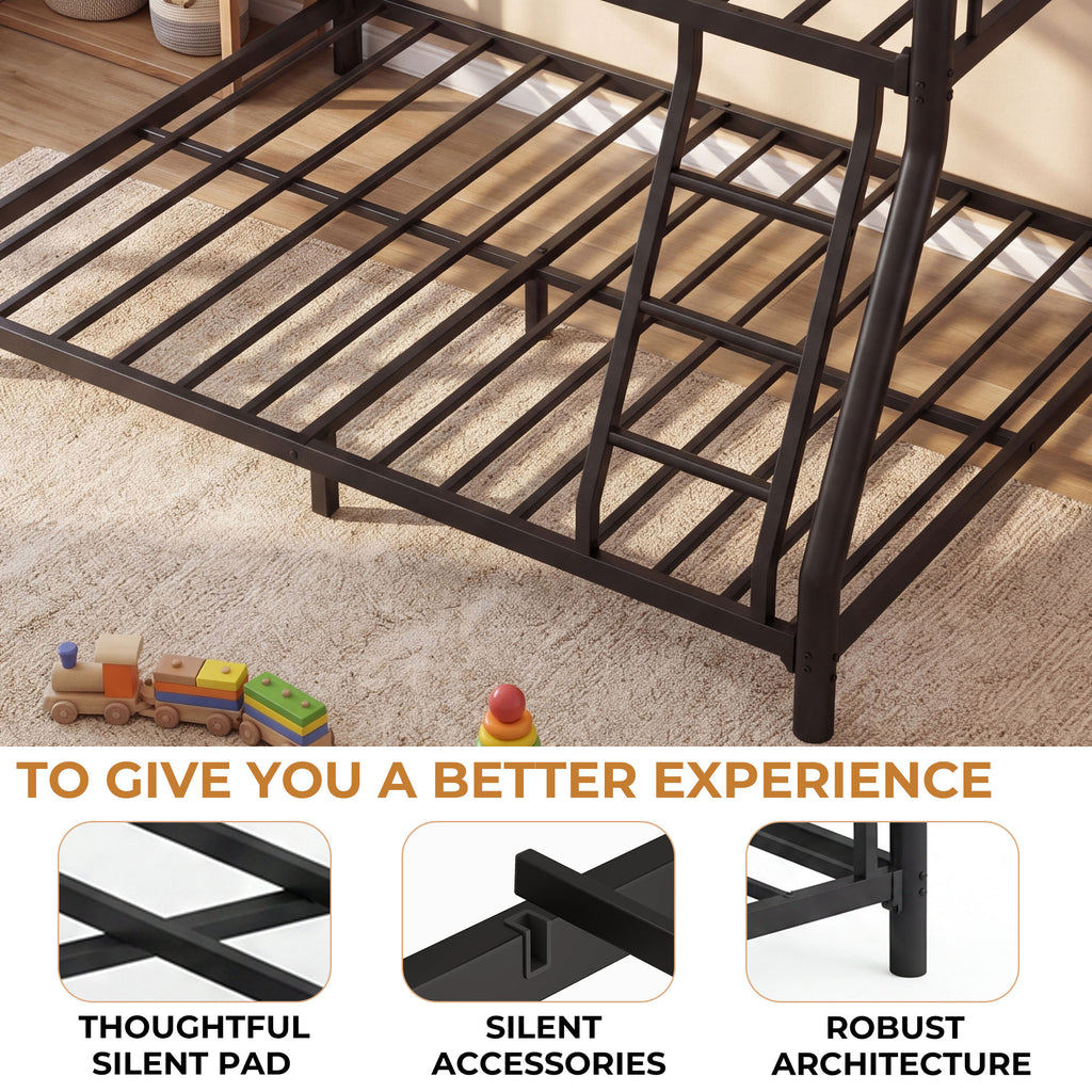 Kdymod Twin over Full Metal Low Bunk Bed with Stairs & Safety Guardrail, Includes 2 6" Memory Foam Mattresses, Space-Saving Heavy Duty Bed Frame for Adults & Teens, Black