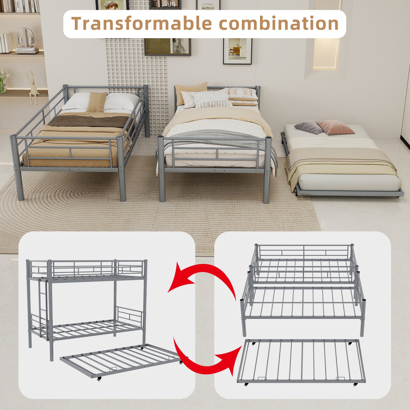 Uiowio Triple Bunk Bed Twin over Twin with Trundle,Triple Twin Bunk Bed with Ladder & Guardrail,Metal Convertible Triple Bunk Bed Frame for Teen & Adult,Bedroom,Dorm,Silver(Mattress not included)