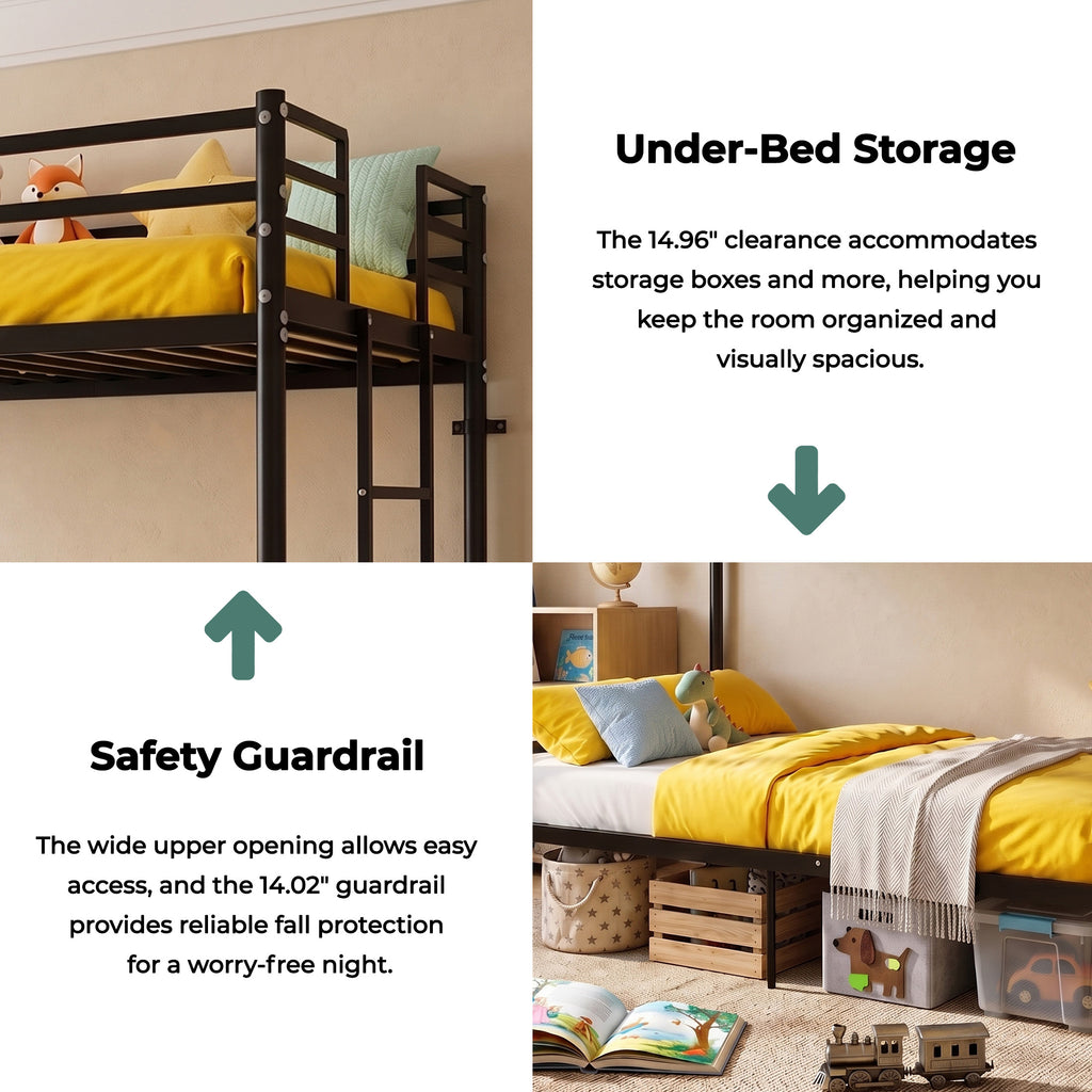Kdymod Twin over Twin Metal Bunk Bed with Storage, Ladder & Safety Guardrail, Space-Saving Heavy Duty Bed Frame for Adults & Teens, No Box Spring Needed, Black