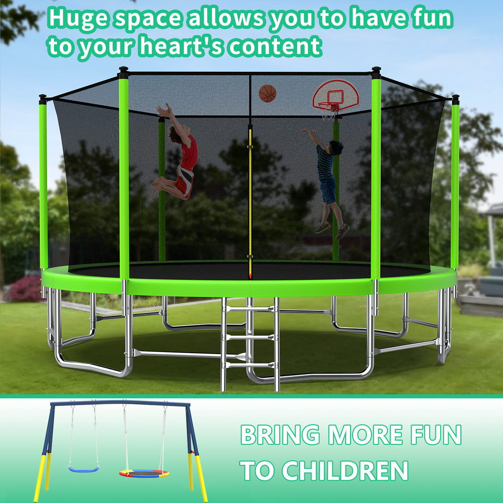 Mersco 16FT Heavy Duty Trampoline with Enclosure Net , Swing Set Outdoor Big Trampoline for Backyard,Kids Trampoline with Basketball Hoop,Birthday and Holiday Gifts for Kids,Green