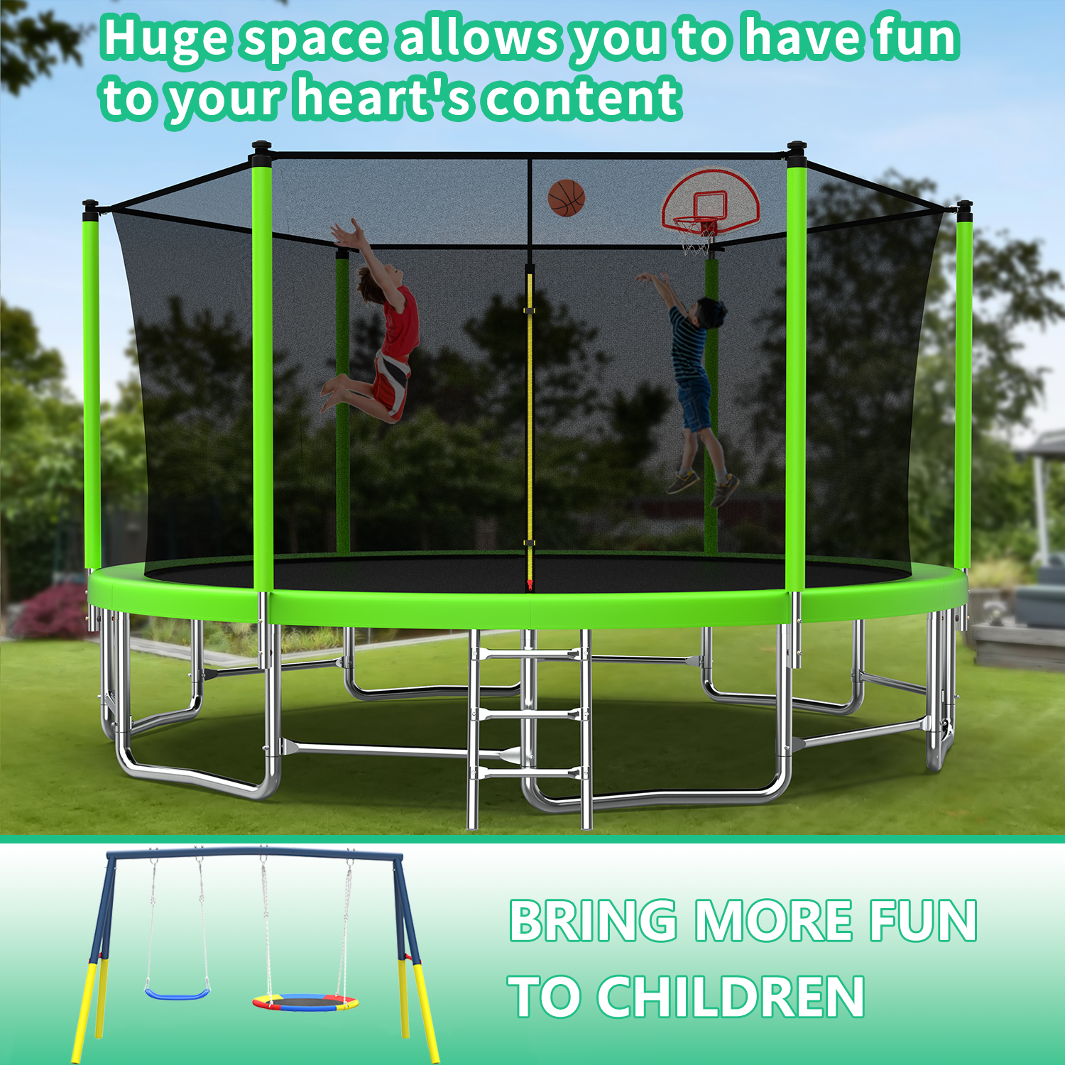 Mersco 16FT Heavy Duty Trampoline with Enclosure Net , Swing Set Outdoor Big Trampoline for Backyard,Kids Trampoline with Basketball Hoop,Birthday and Holiday Gifts for Kids,Green