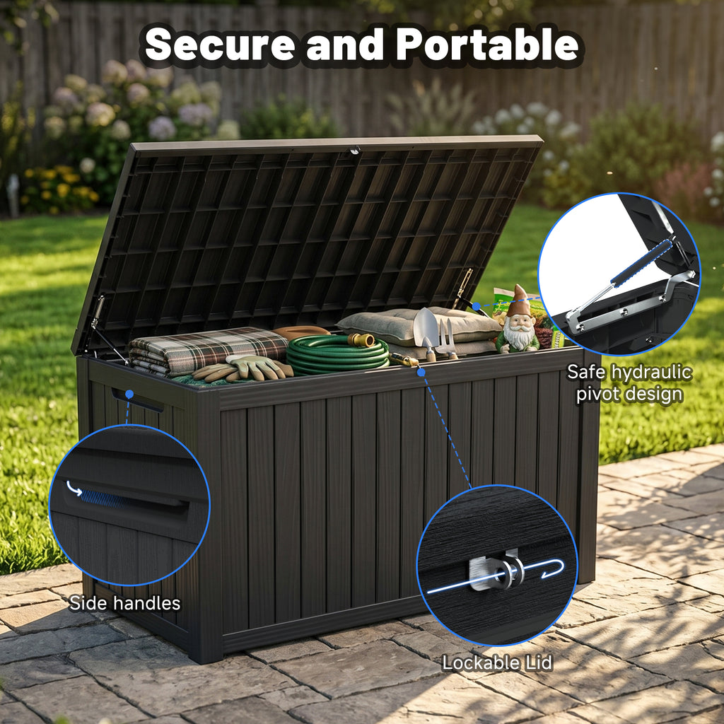 UIOWIO Deck Box Outdoor Storage ,Resin Deck Boxes Outdoor Waterproof UV Resistant with Hundles,Outside Lockable Toy Storage for Pool ,Patio Furniture and Sports Equipment,Black