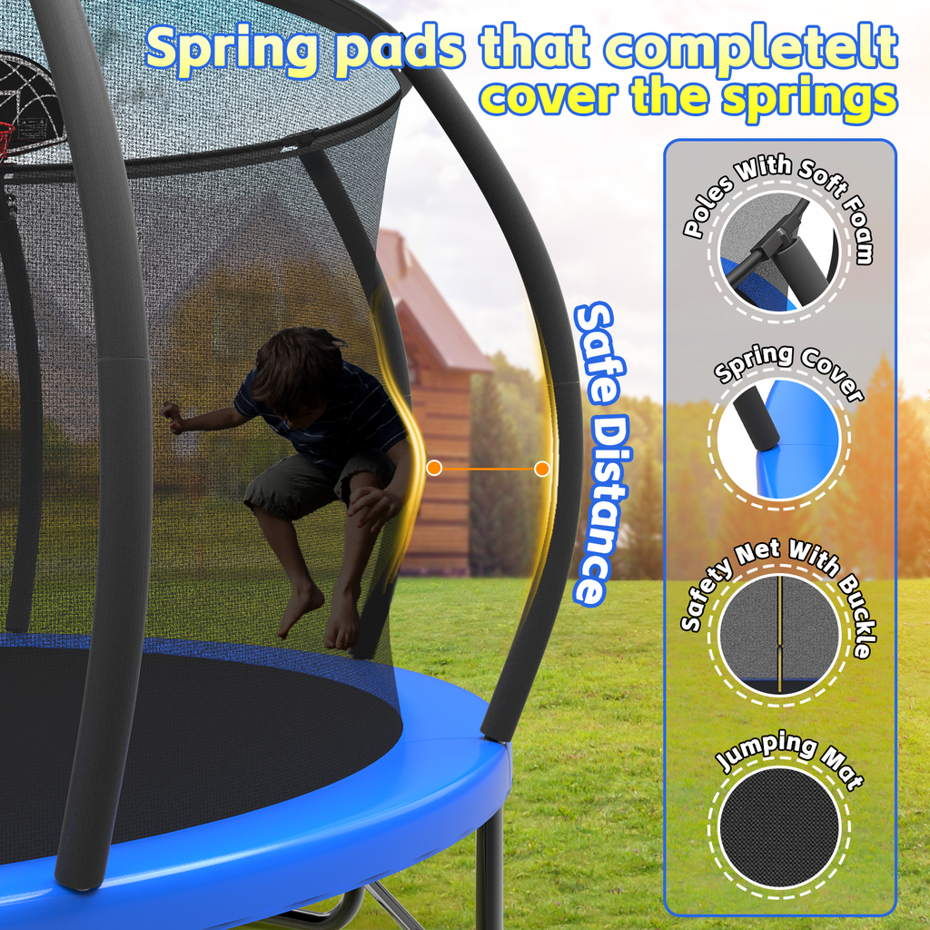 Mersco 12FT Heavy Duty Trampoline with Enclosure Net , Swing Set Outdoor Big Trampoline for Backyard, Kids Trampoline with Basketball Hoop,Kids Birthday and Festival Gifts, Blue
