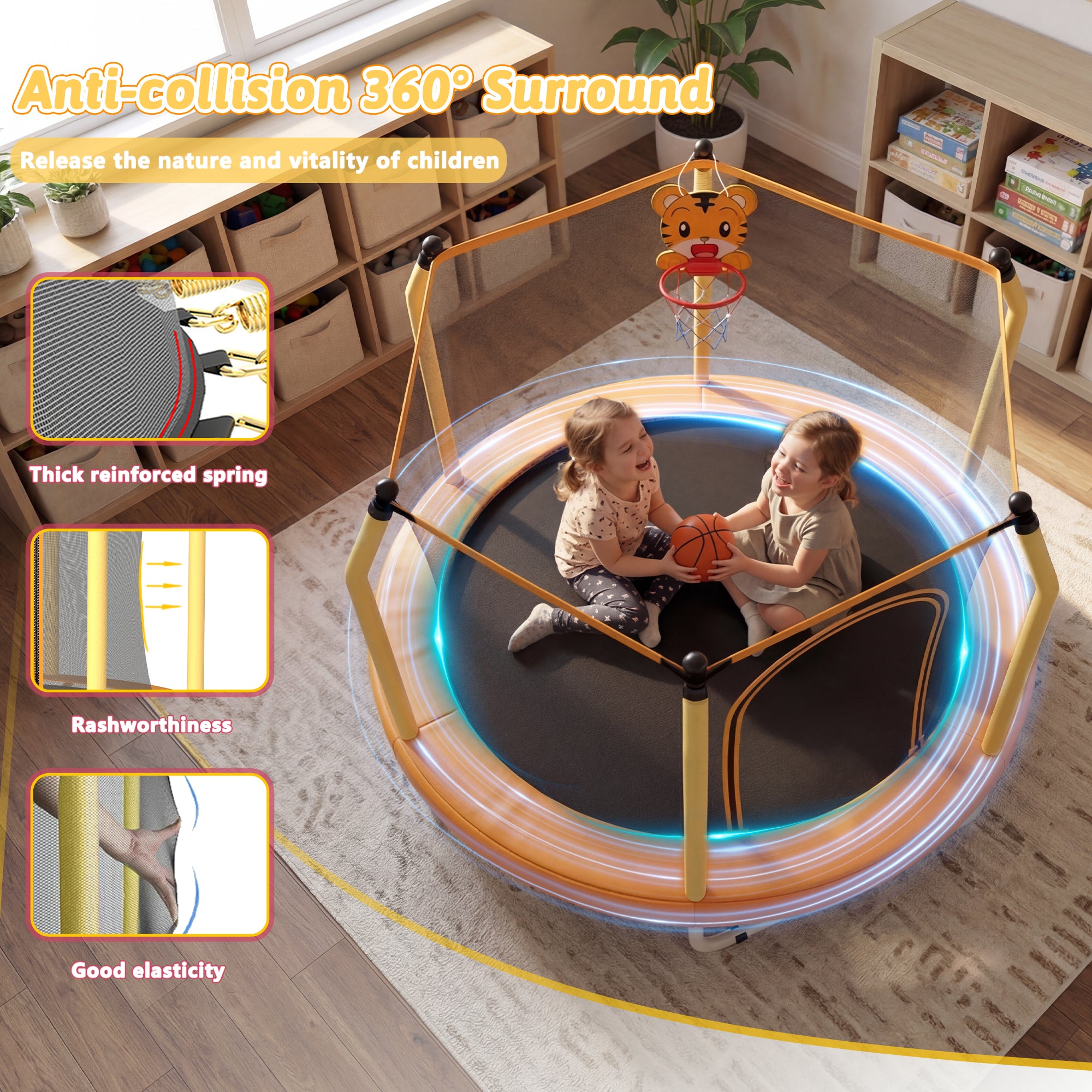 Mersco 55inch Kids Trampoline for Toddlers,Indoor and Outdor Trampoline with Safety Net, Mini Small Children Trampolines with Basketball Hoop,Toddler Trampoline Birthday Gifts for Boys Girls, Orange