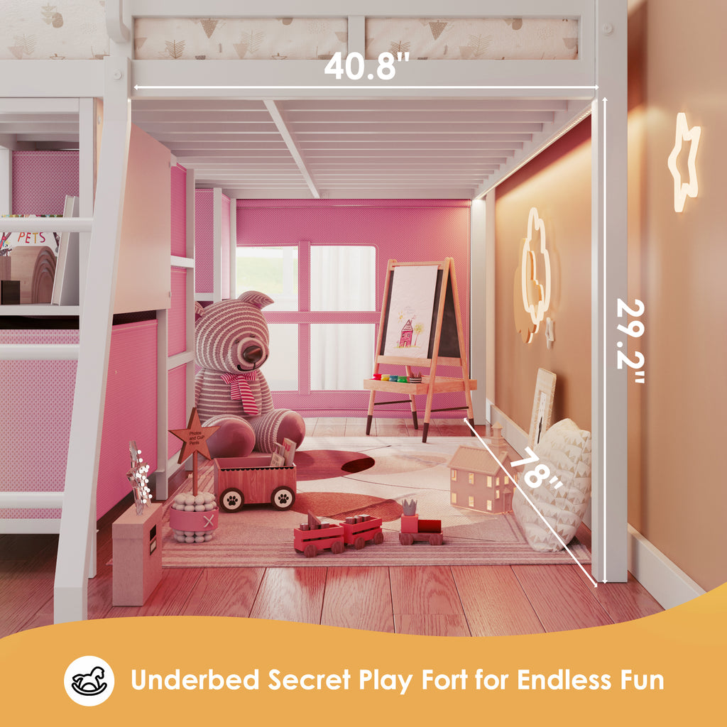 Kdymod Twin Loft Bed with 6 Storage Drawers & Shelf, Loft Bed with LED Lights & Play Curtain, Metal Loft Bed Frame with Ladder & Safety Guardrail, Pink