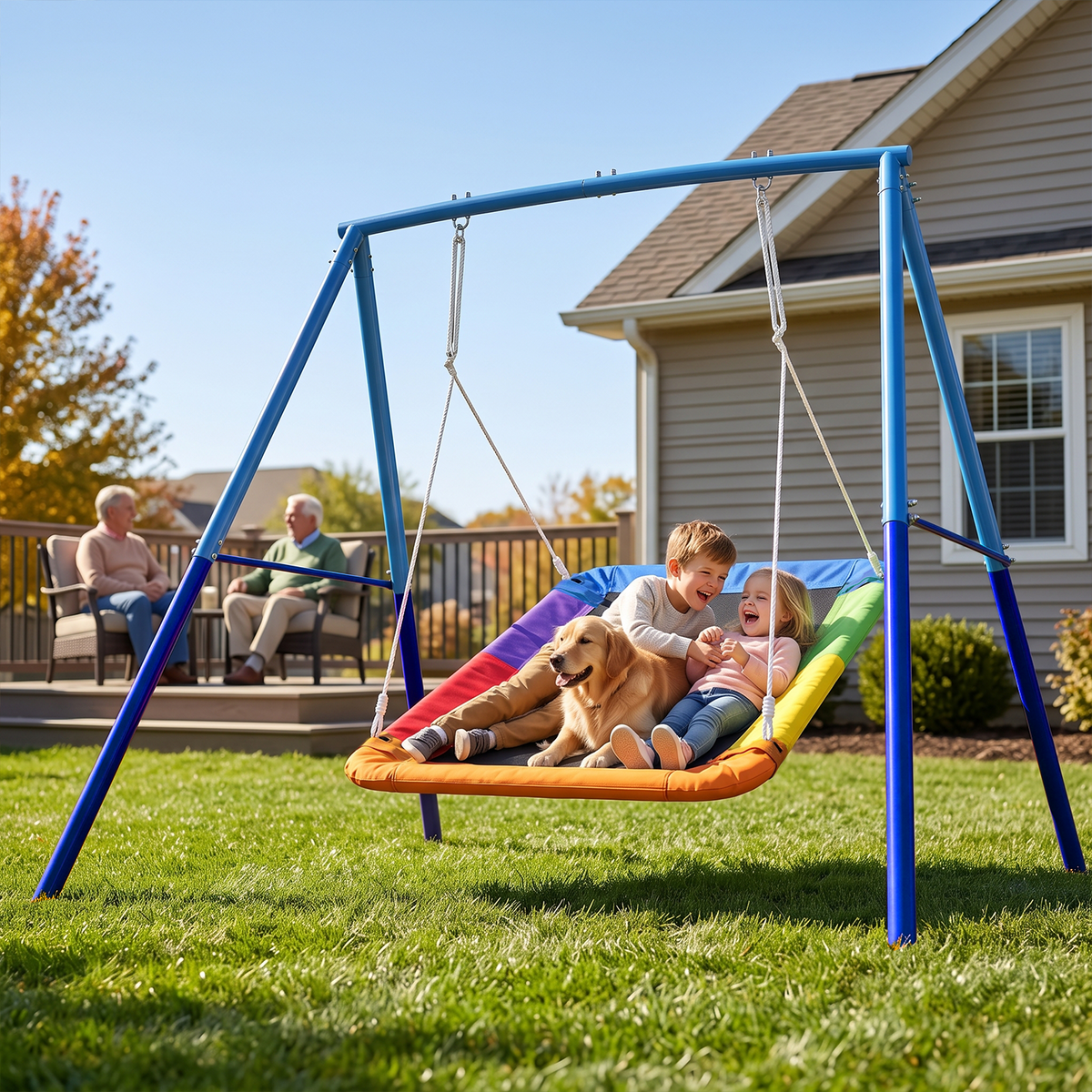 Kdymod 60 Inch Rectangular Platform Swing Set, PP + 900D Oxford Cushion, Metal A-Frame Swing for Backyard, 440 Lbs Capacity, Adjustable Ropes & Ground Nails, Blue