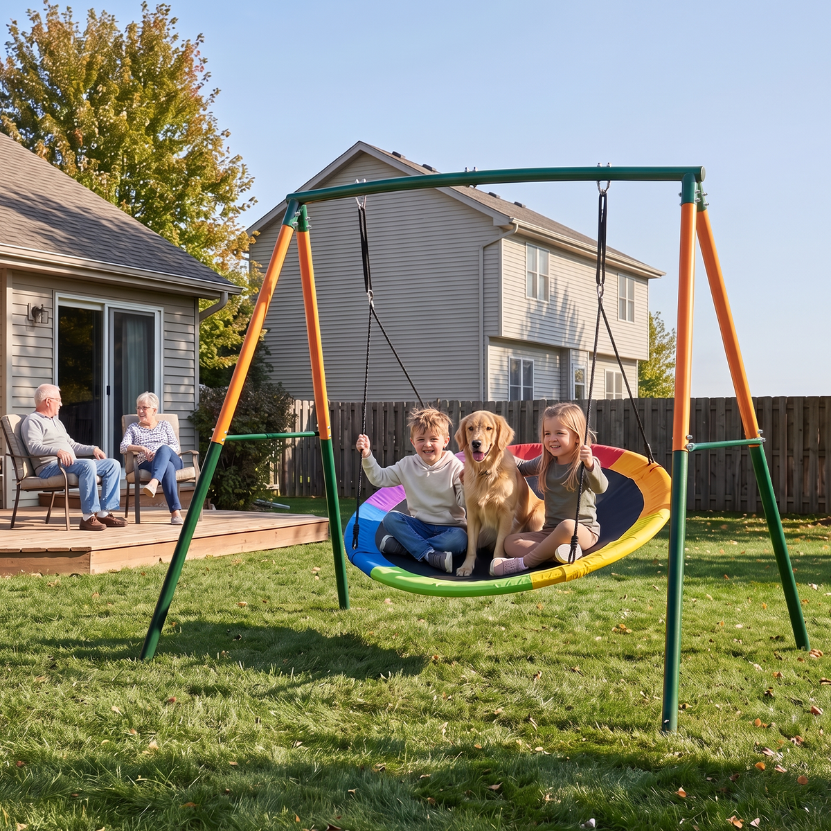 Kdymod 60 Inch Saucer Swing Set with 900D Oxford Disc Seat, Double A‑Frame Heavy Duty Metal Swing Set, Backyard Outdoor Playground for Kids Ages 3‑10, Green