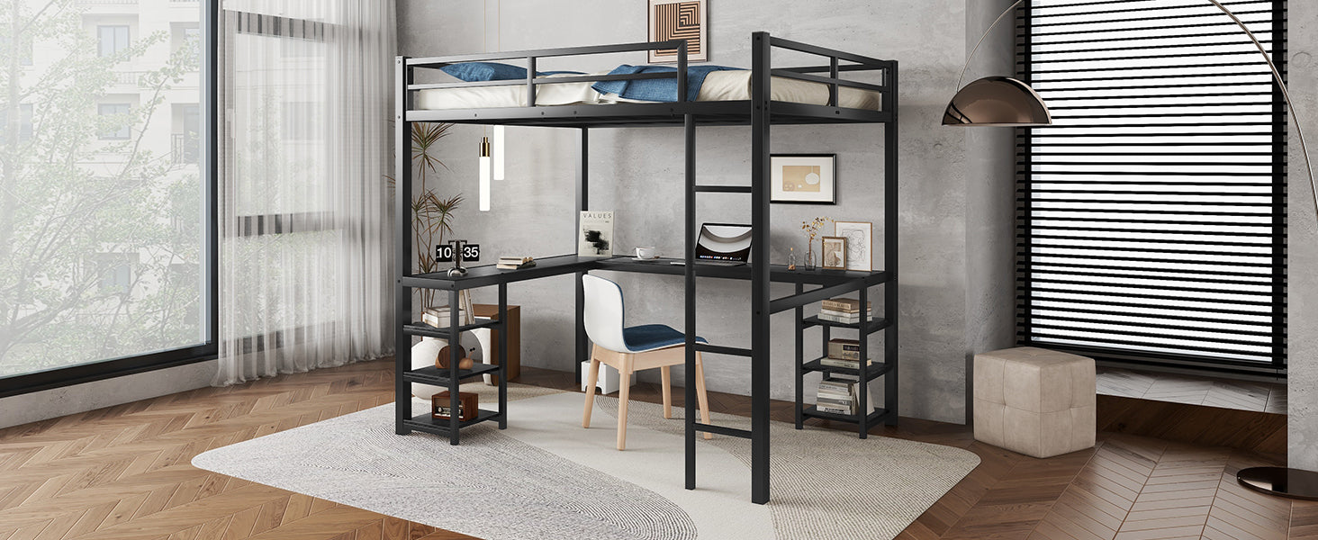 Uiowio Full Metal Loft Bed with L-Shaped Desk Underneath & 6 Shelves & Storage, Space-Saving Bed Frame with Built-in Ladder & Safety Guardrail, for Teens