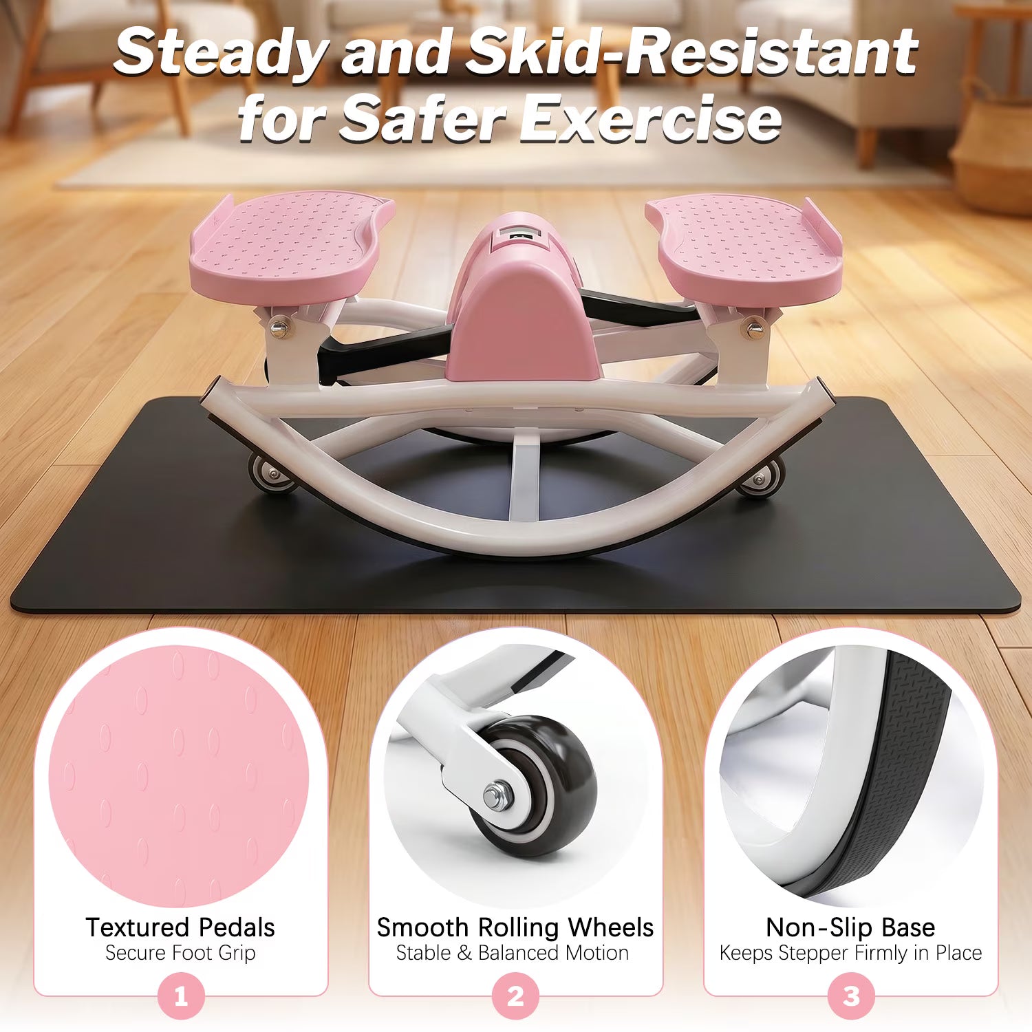 Kdymod Lateral Rocking Fitness Stepper, Low Impact Portable Exercise Stepper, Workout Machine, Rock Stepper Machine with Digital Monitor & Resistance Bands,Pink