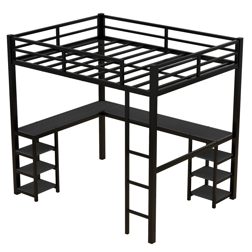 Uiowio Full Metal Loft Bed with L-Shaped Desk Underneath & 6 Shelves & Storage, Space-Saving Bed Frame with Built-in Ladder & Safety Guardrail, for Teens