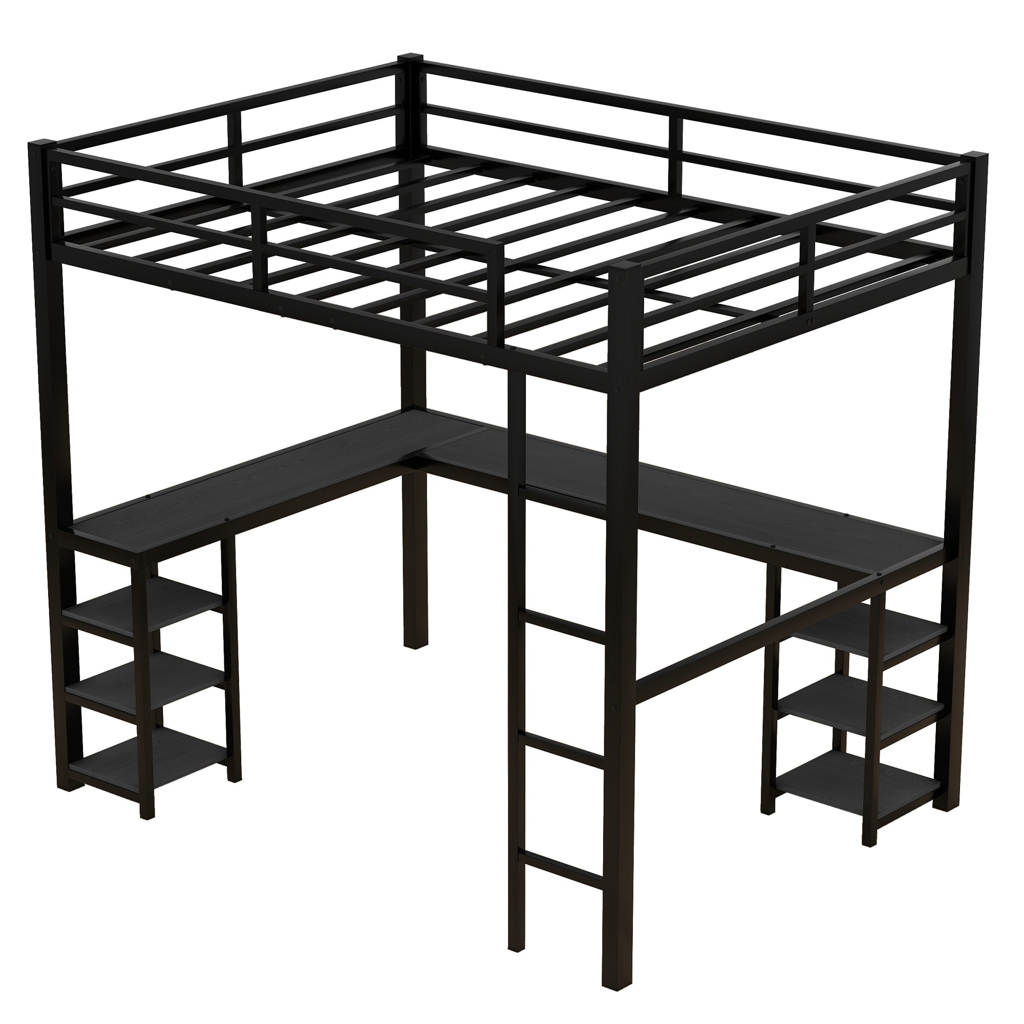 Uiowio Full Metal Loft Bed with L-Shaped Desk Underneath & 6 Shelves & Storage, Space-Saving Bed Frame with Built-in Ladder & Safety Guardrail, for Teens