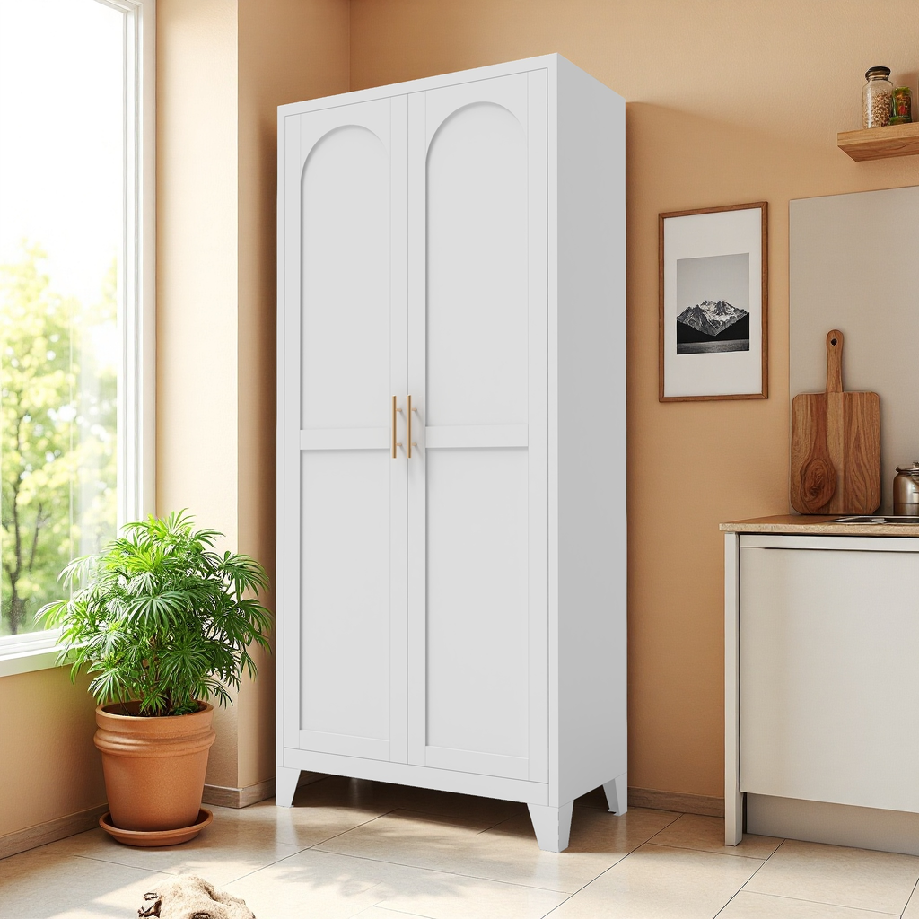 Uiowio 71" Height Metal Storage Cabinet, Modern Tall Steel Pantry Cupboard with 2 Shapely Doors and Adjustable Shelves for Kitchen Garage and Home, White