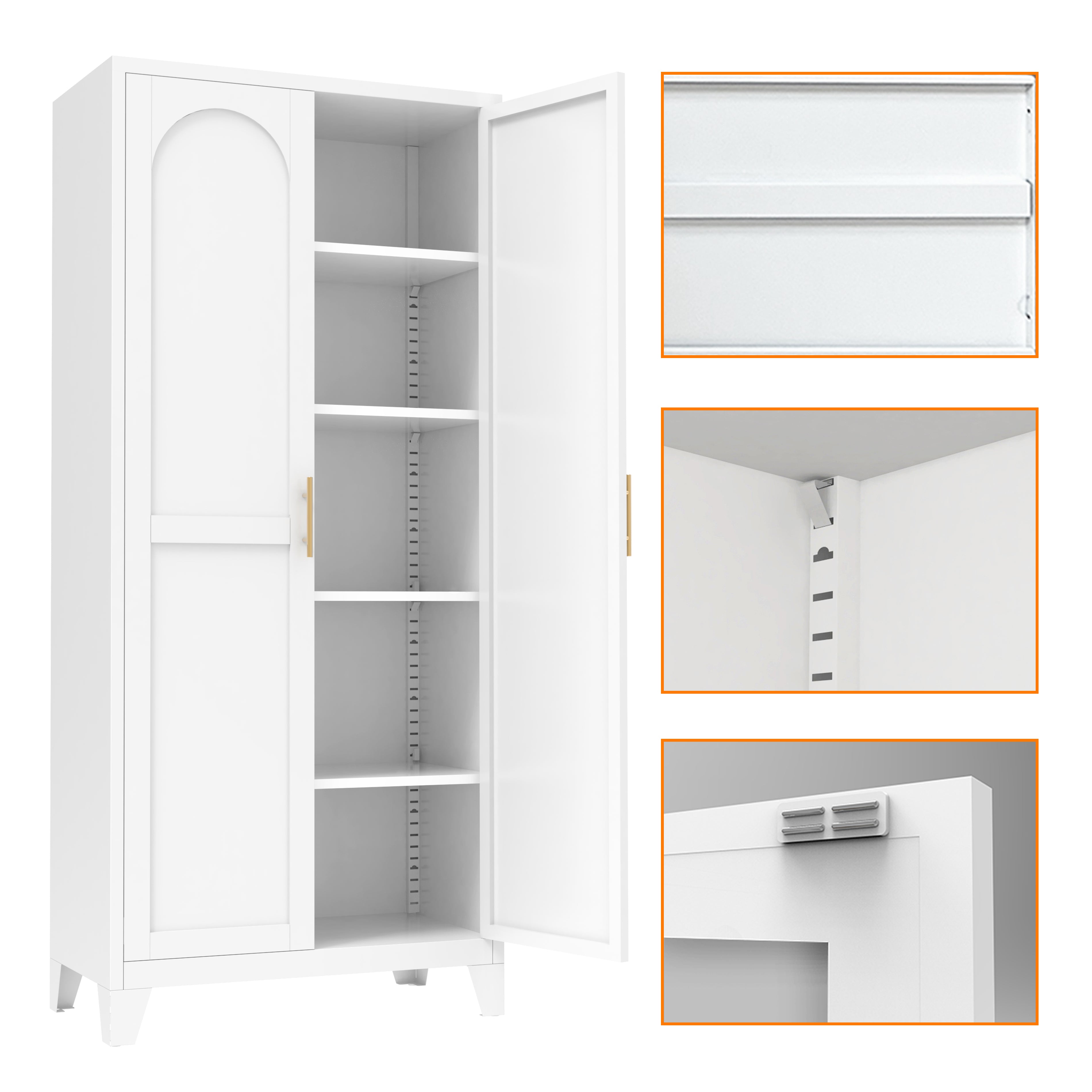 Uiowio 71" Height Metal Storage Cabinet, Modern Tall Steel Pantry Cupboard with 2 Shapely Doors and Adjustable Shelves for Kitchen Garage and Home, White