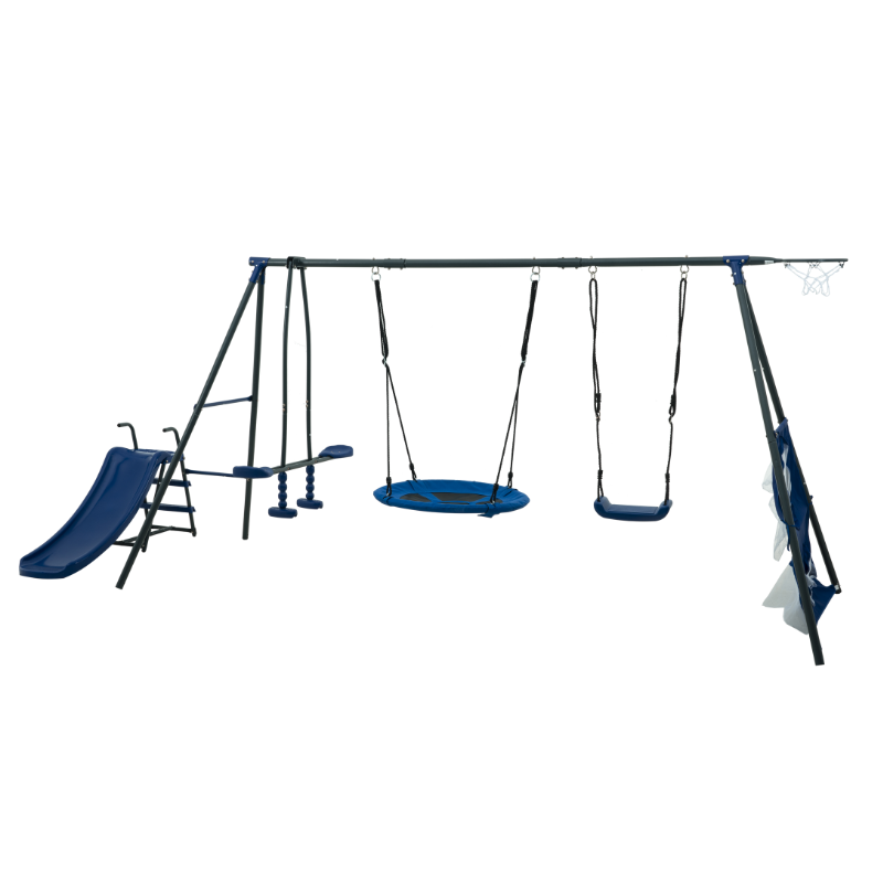 Mersco Saucer Metal Plastic Swing Set for Kids,6 in 1 Swing Sets for Outside,Heavy-Duty Playground Backyard Fun Set with Basketball Hoop,Saucer Swing,Rocking Horse,slide,soccer net &Swing for Kids