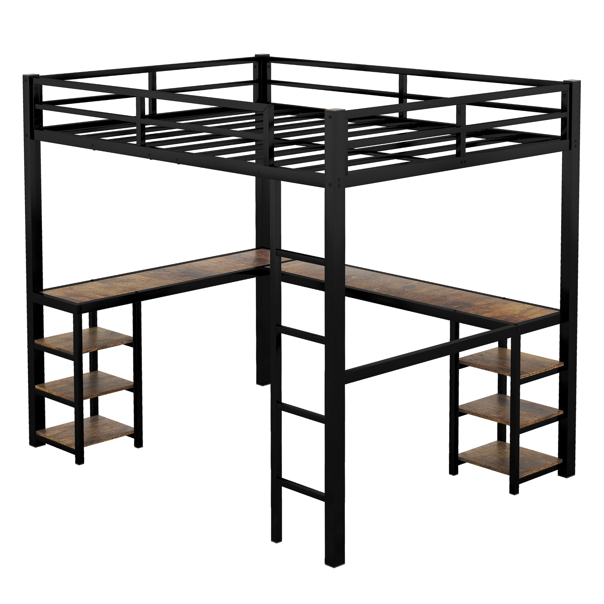 Uiowio Full XL Metal Loft Bed with L-Shaped Desk Underneath & 6 Shelves & Storage, Space-Saving Bed Frame with Built-in Ladder & Safety Guardrail, for Teens