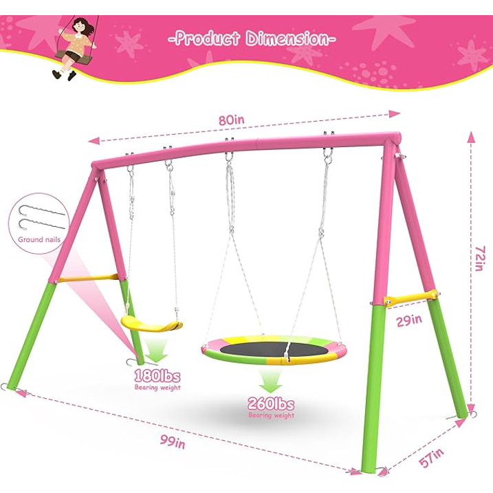 Kdymod Heavy Duty 440lbs Double Swing Set with Stand, Metal A-Frame Swing Set for Backyard, Includes 32" Saucer Disc & 26.2" Belt Seat, Outdoor Playset for Playground