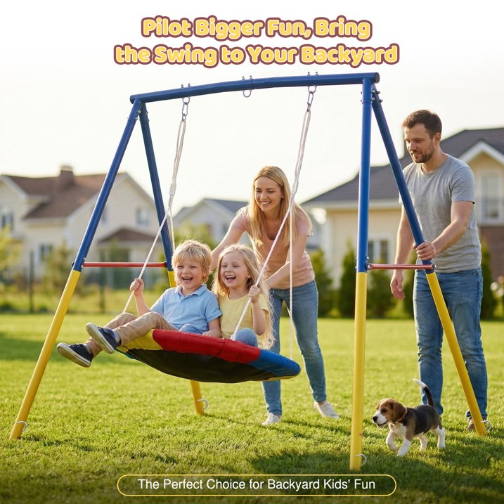 Kdymod 440lbs 40" Saucer Swing with Frame for Kids Outdoor, Heavy Duty Metal Swing Set with Adjustable Ropes & Ground Anchors, A-Frame Backyard Playset for Playground, Toddlers Ages 3+, Blue