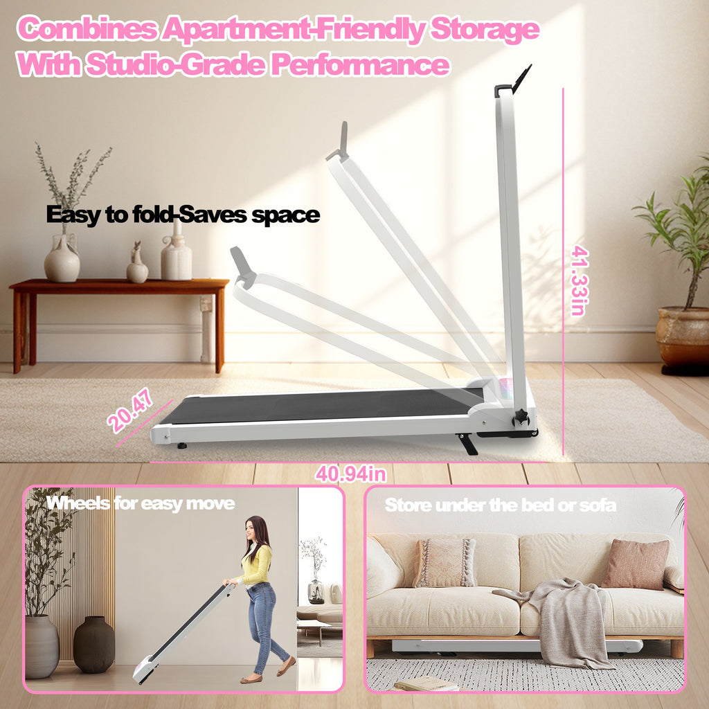 Kdymod Foldable Treadmill with Vibration Function,2 in 1 Walking Treadmill with Handle Bar & Incline,Under Desk Walking Pad with LED Display & Remote,300 Lbs Capacity,White