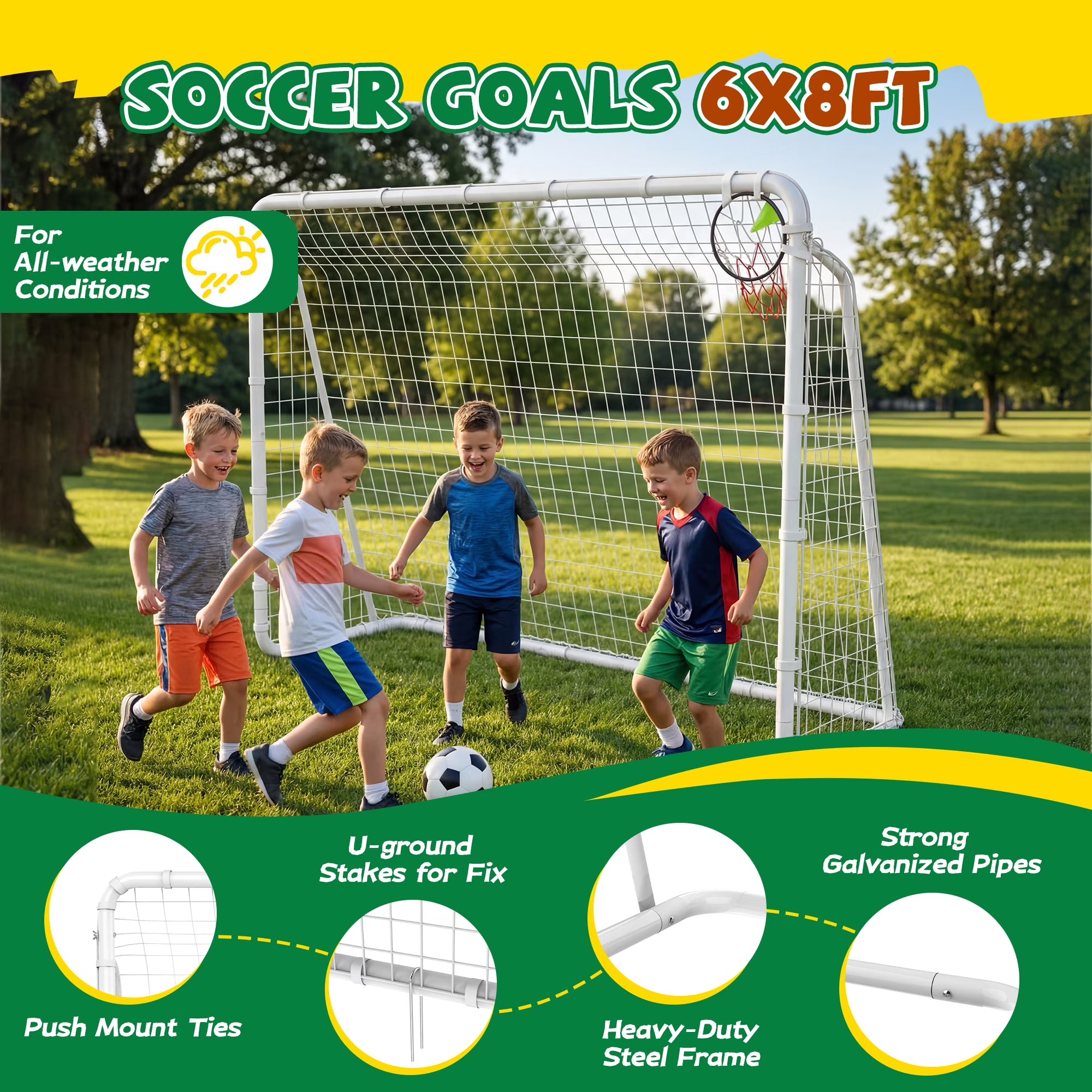 Kdymod 8×6 FT Portable Soccer Goal for Backyard, Easy Assembly Outdoor Soccer Goal Set for Kids and Adults (White)