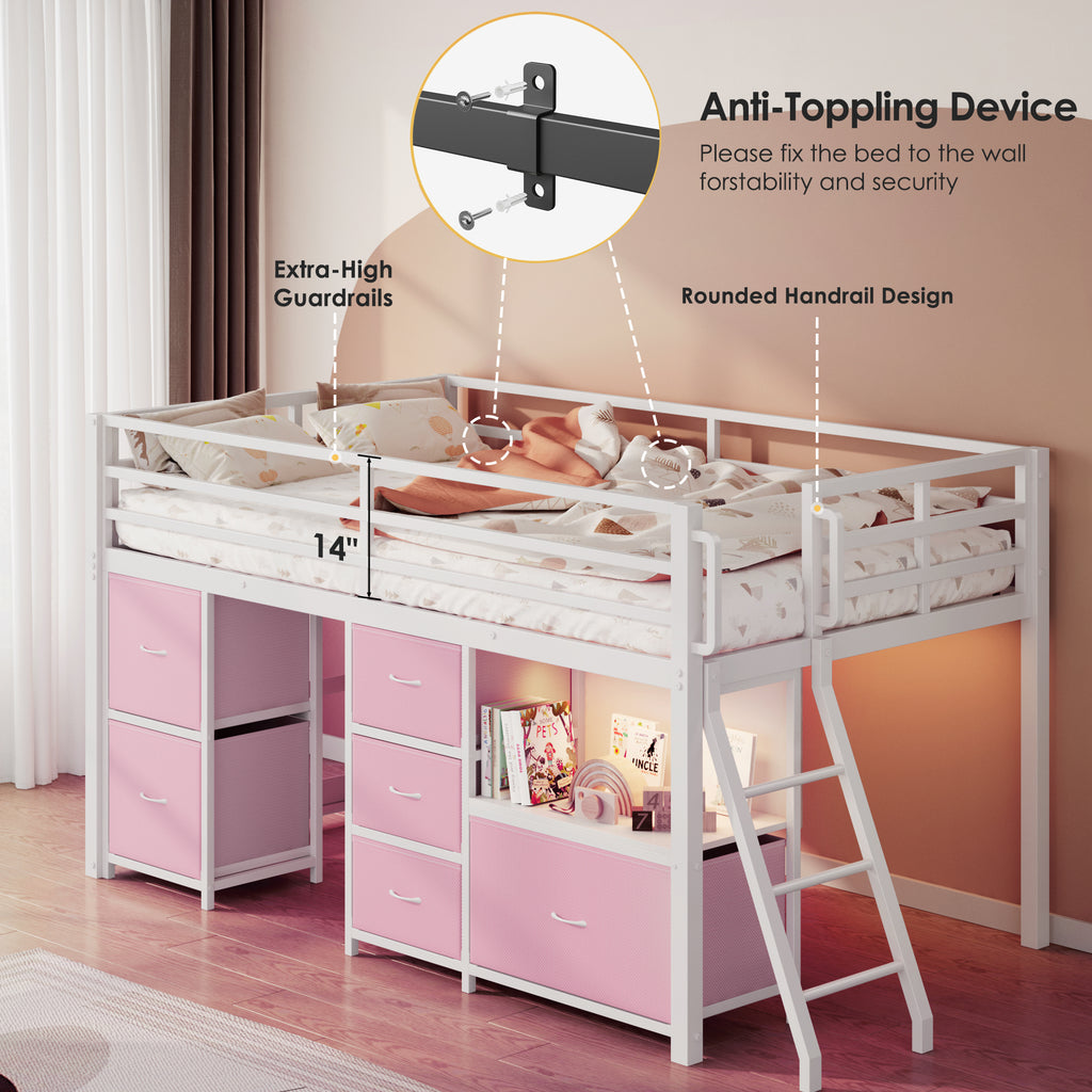 Kdymod Twin Loft Bed with 6 Storage Drawers & Shelf, Loft Bed with LED Lights & Play Curtain, Metal Loft Bed Frame with Ladder & Safety Guardrail, Pink