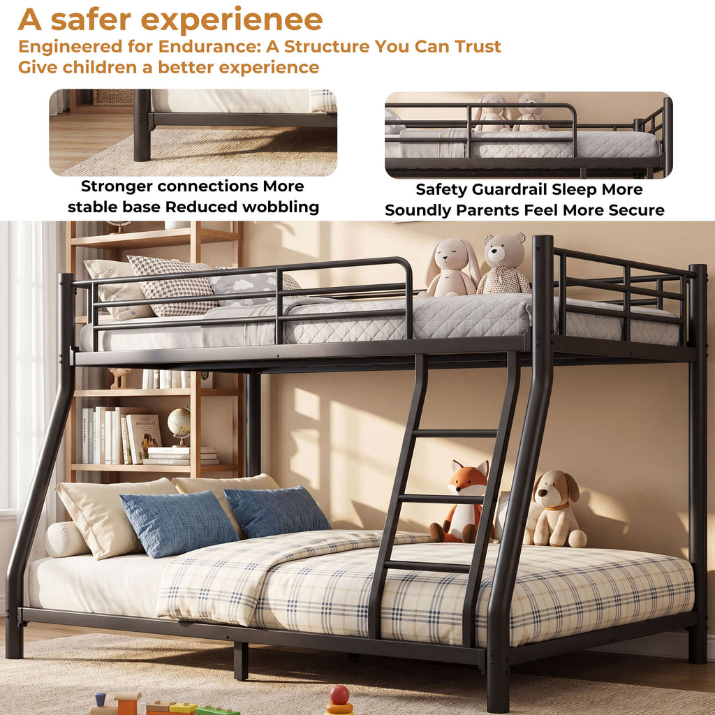 Kdymod Twin over Full Metal Low Bunk Bed with Stairs & Safety Guardrail, Includes 2 6" Memory Foam Mattresses, Space-Saving Heavy Duty Bed Frame for Adults & Teens, Black