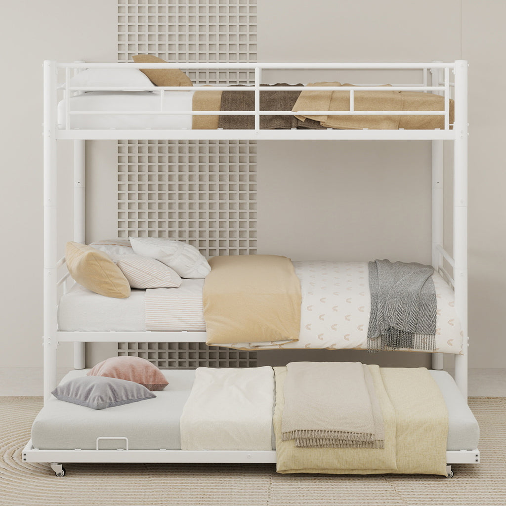 Uiowio Triple Bunk Bed Twin over Twin with Trundle,Triple Twin Bunk Bed with Ladder & Guardrail,Metal Convertible Triple Bunk Bed Frame for Teen & Adult,Bedroom,Dorm,White (Mattress not included)