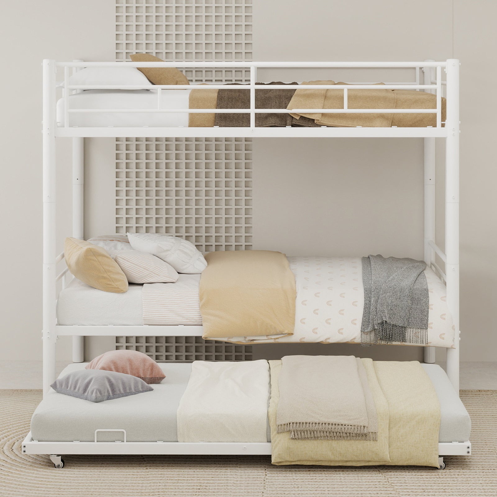 Uiowio Triple Bunk Bed Twin over Twin with Trundle,Triple Twin Bunk Bed with Ladder & Guardrail,Metal Convertible Triple Bunk Bed Frame for Teen & Adult,Bedroom,Dorm,White (Mattress not included)