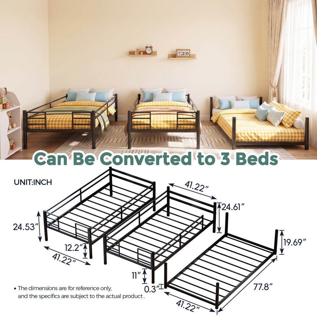 Kdymod Triple Bunk Bed Twin over Twin over Twin with 2 Ladders & Guardrails, Includes 3 Twin 6" Memory Foam Mattresses, Heavy Duty Detachable Metal Bed Frame, Converts to 3 Separate Beds