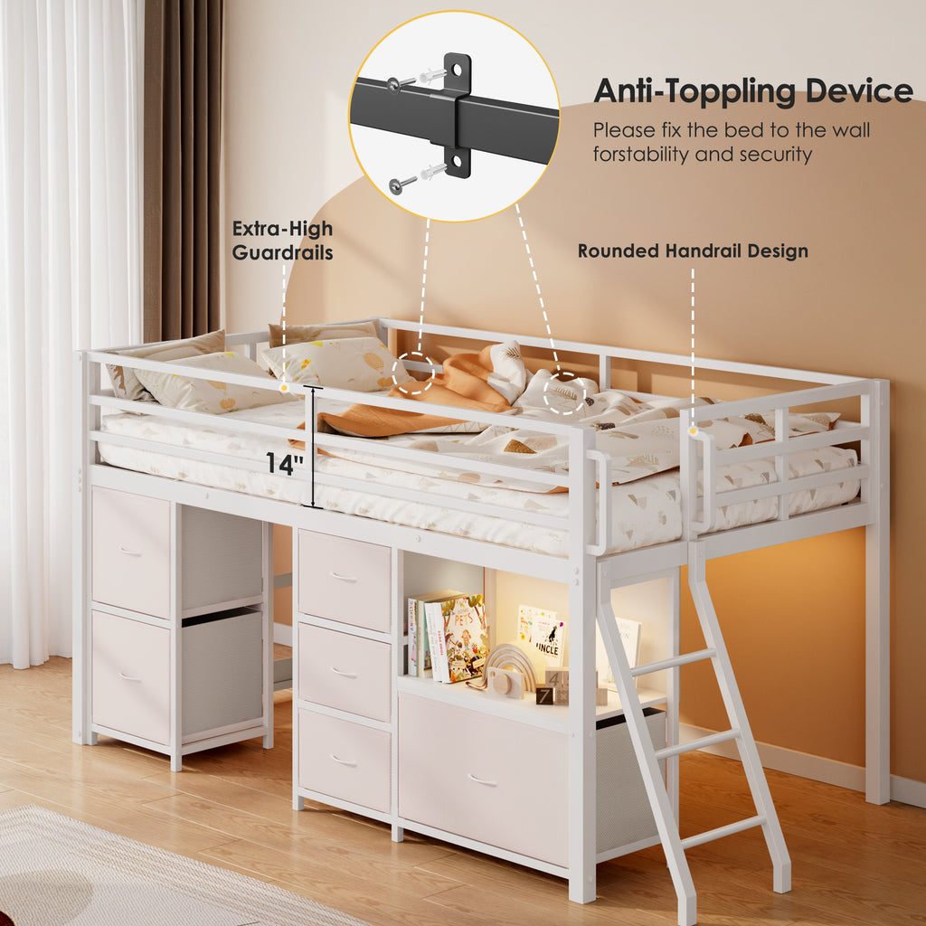 Kdymod Full Loft Bed with 6 Storage Drawers & Shelf, Loft Bed with LED Lights & Play Curtain, Metal Loft Bed Frame with Ladder & Safety Guardrail, White