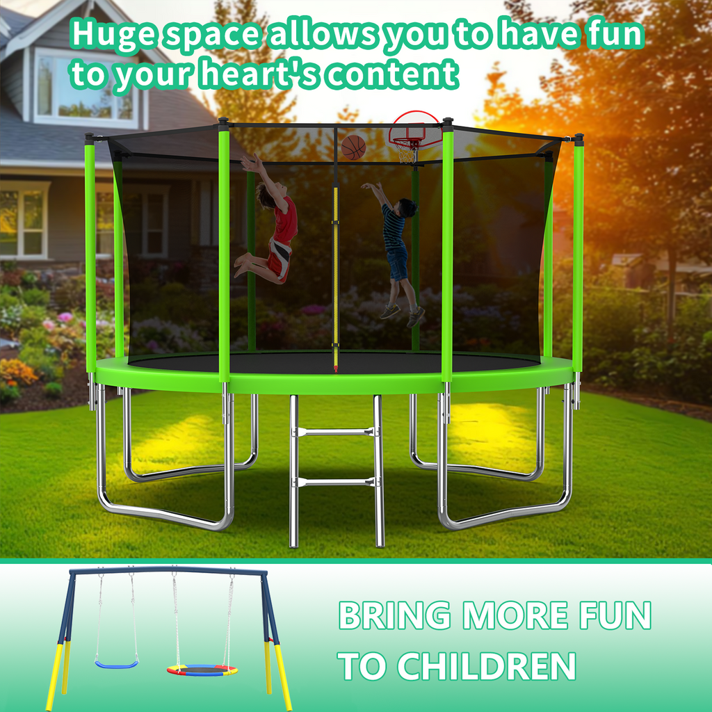 Mersco 12FT Heavy Duty Trampoline with Enclosure Net , Swing Set Outdoor Big Trampoline for Backyard,Kids Trampoline with Basketball Hoop,Birthday and Holiday Gifts for Kids,Green