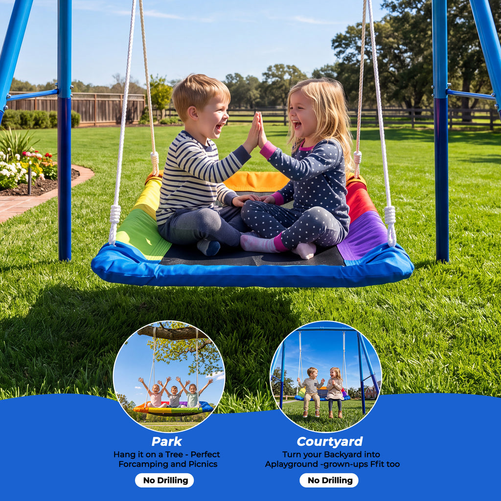 MERSCO 60" Extra Large Rectangle Swing Set with Stand, Heavy Duty Double A-Frame Metal Swing for Kids Ages 3-10, 440 lbs Capacity, 900D Oxford Rectangle Swing Seat, Outdoor Backyard Playset