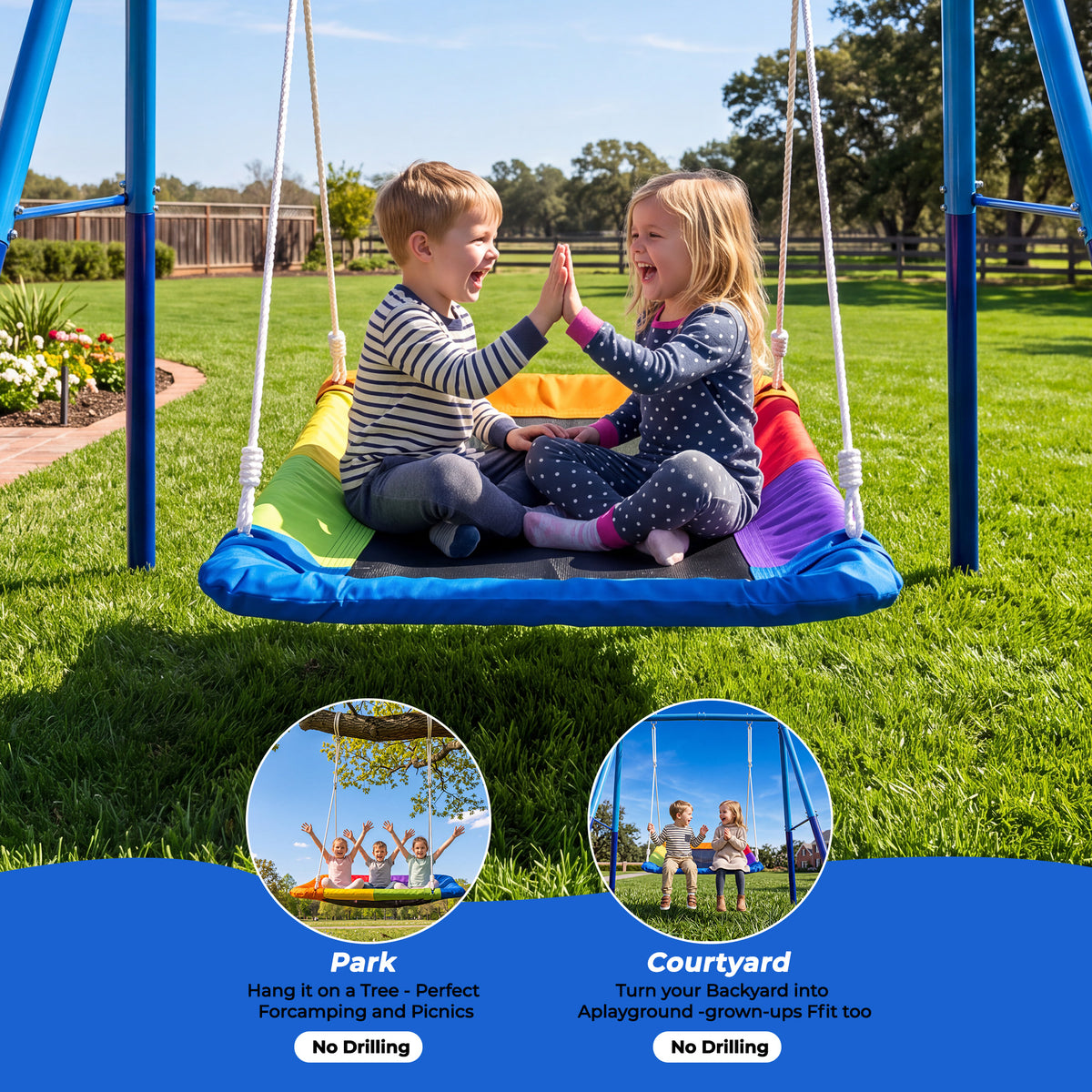 MERSCO 60" Extra Large Rectangle Swing Set with Stand, Heavy Duty Double A-Frame Metal Swing for Kids Ages 3-10, 440 lbs Capacity, 900D Oxford Rectangle Swing Seat, Outdoor Backyard Playset
