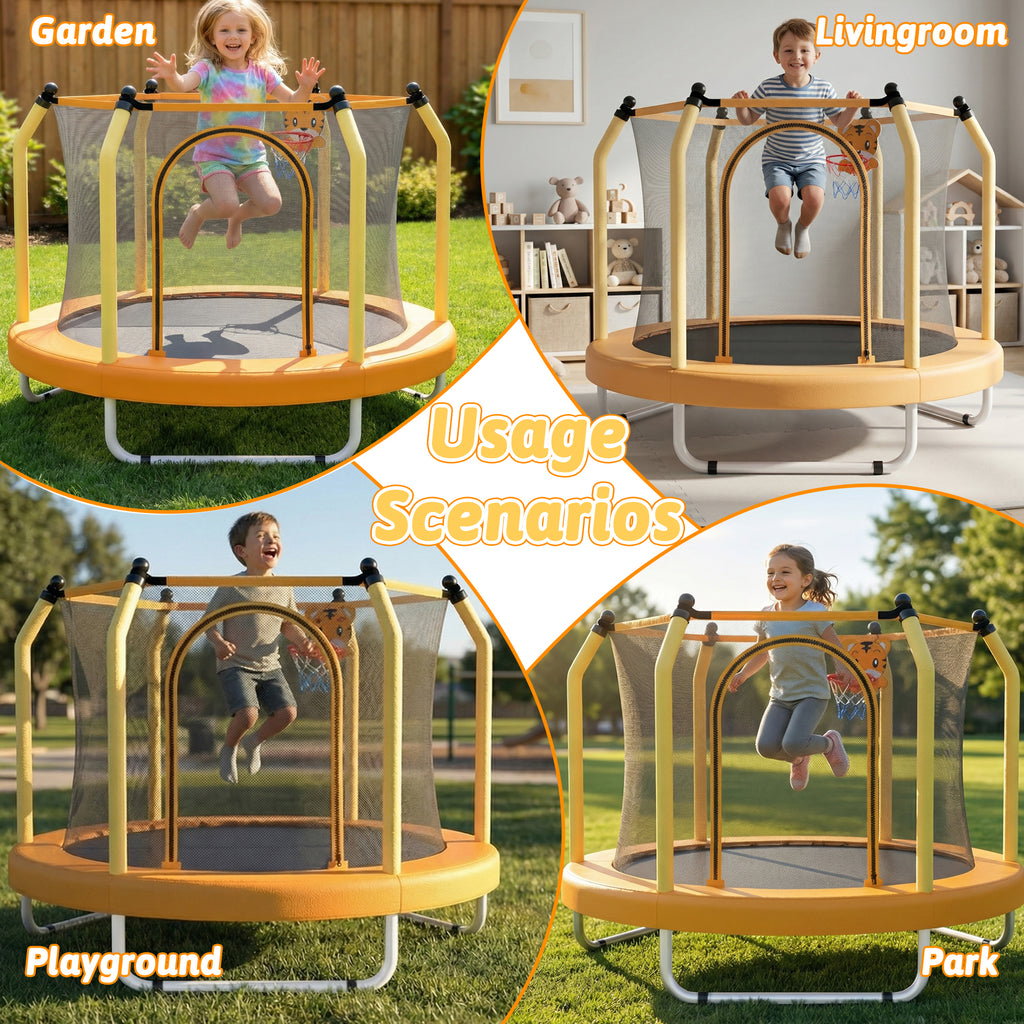 Mersco 55inch Kids Trampoline for Toddlers,Indoor and Outdor Trampoline with Safety Net, Mini Small Children Trampolines with Basketball Hoop,Toddler Trampoline Birthday Gifts for Boys Girls, Orange