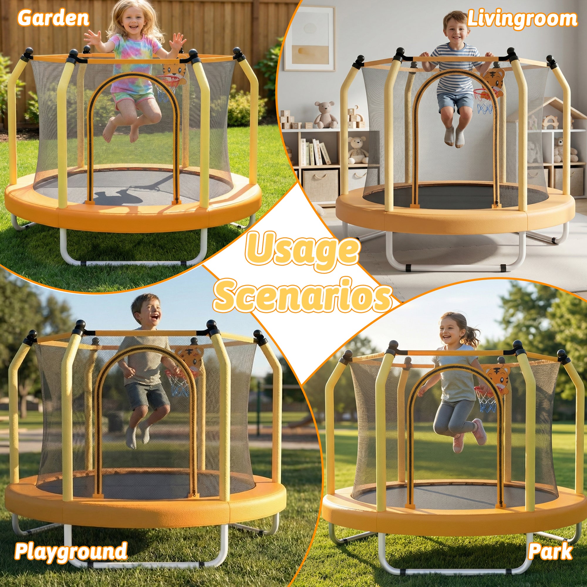 Mersco 55inch Kids Trampoline for Toddlers,Indoor and Outdor Trampoline with Safety Net, Mini Small Children Trampolines with Basketball Hoop,Toddler Trampoline Birthday Gifts for Boys Girls, Orange