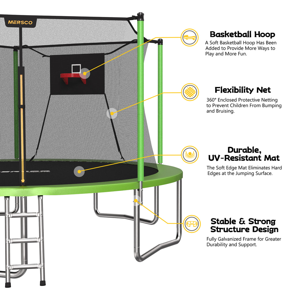 Mersco 14ft Trampoline for Kids and Adults, Outdoor Trampolines with Basketball Hoop and Enclosure Net, Heavy Duty Jumping Trampoline PLAY for Indoor Outdoor Boys and Girls Birthday Gift, Green