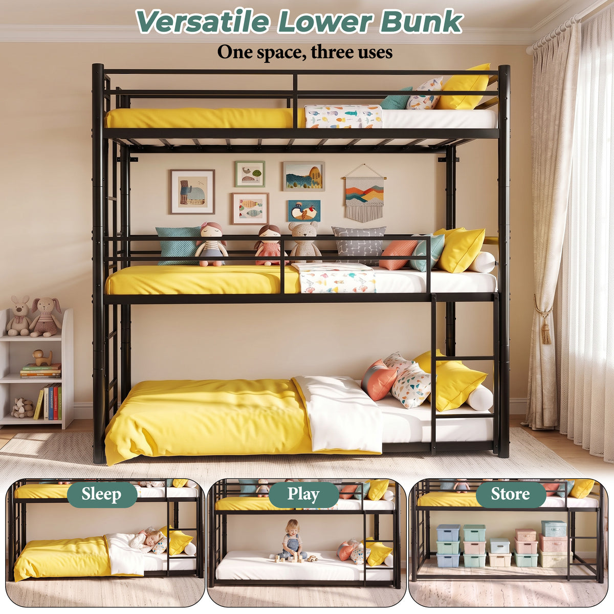 Kdymod Triple Bunk Bed Twin over Twin over Twin with Full-Length Guardrails & Reversible Ladder, Includes 3 Twin 6" Memory Foam Mattresses, Heavy-Duty Metal Bunk Bed Frame with Convertible Design
