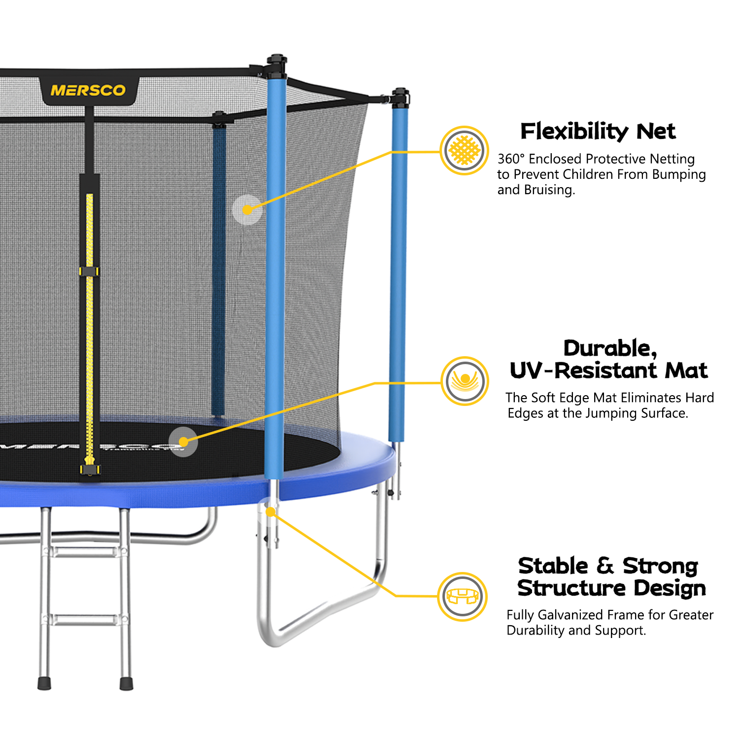 Mersco 8ft Trampoline for Kids,Outdoor Trampoline with Enclosure, Ladder,Upright-Poled Backyard Trampoline PLAY for Family Fun,Jumping Trampoline for Birthday Gifts,Blue