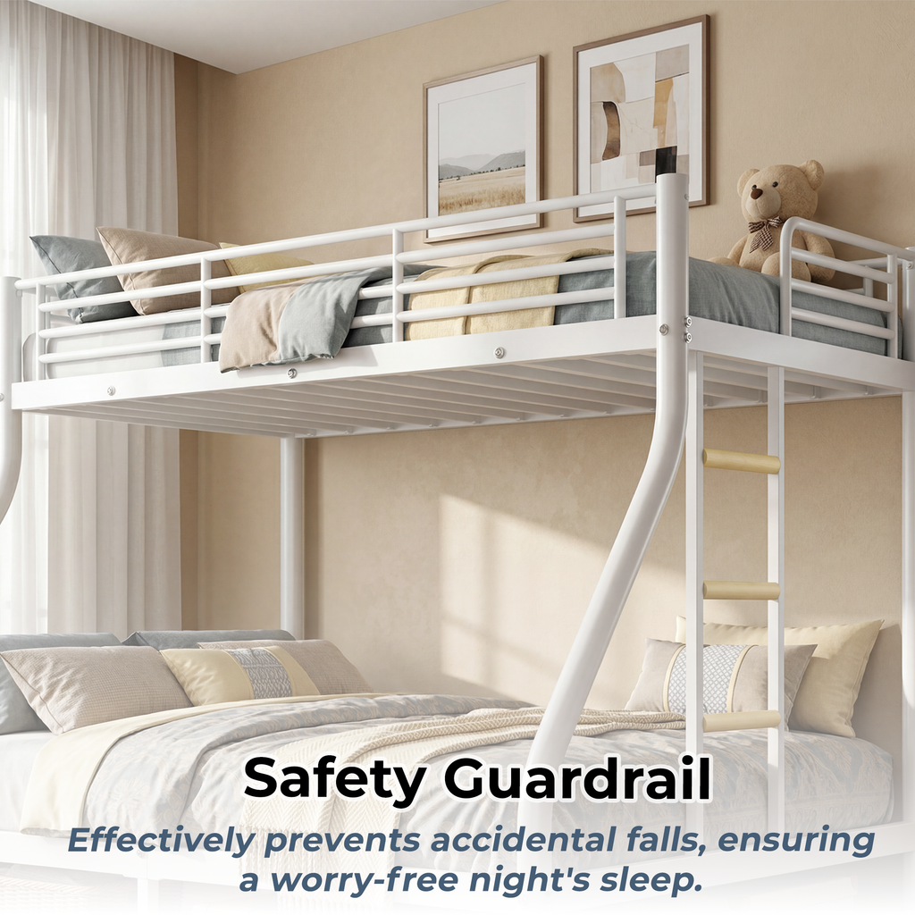 Kdymod Twin XL over Queen Metal Bunk Bed with Stairs & Storage, Heavy Duty Bed Frame for Adults & Teens, Includes 2 6" Memory Foam Mattresses, No Box Spring Needed, White