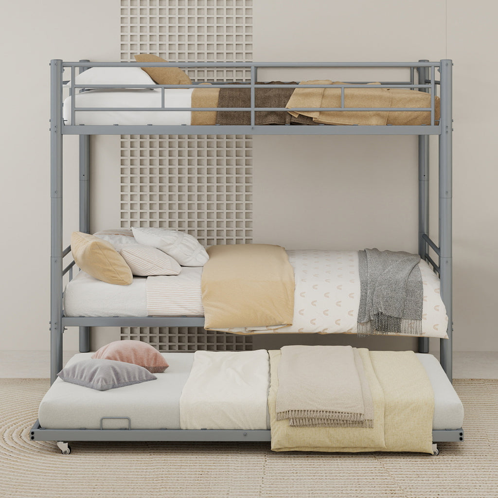 Uiowio Triple Bunk Bed Twin over Twin with Trundle,Triple Twin Bunk Bed with Ladder & Guardrail,Metal Convertible Triple Bunk Bed Frame for Teen & Adult,Bedroom,Dorm,Silver(Mattress not included)