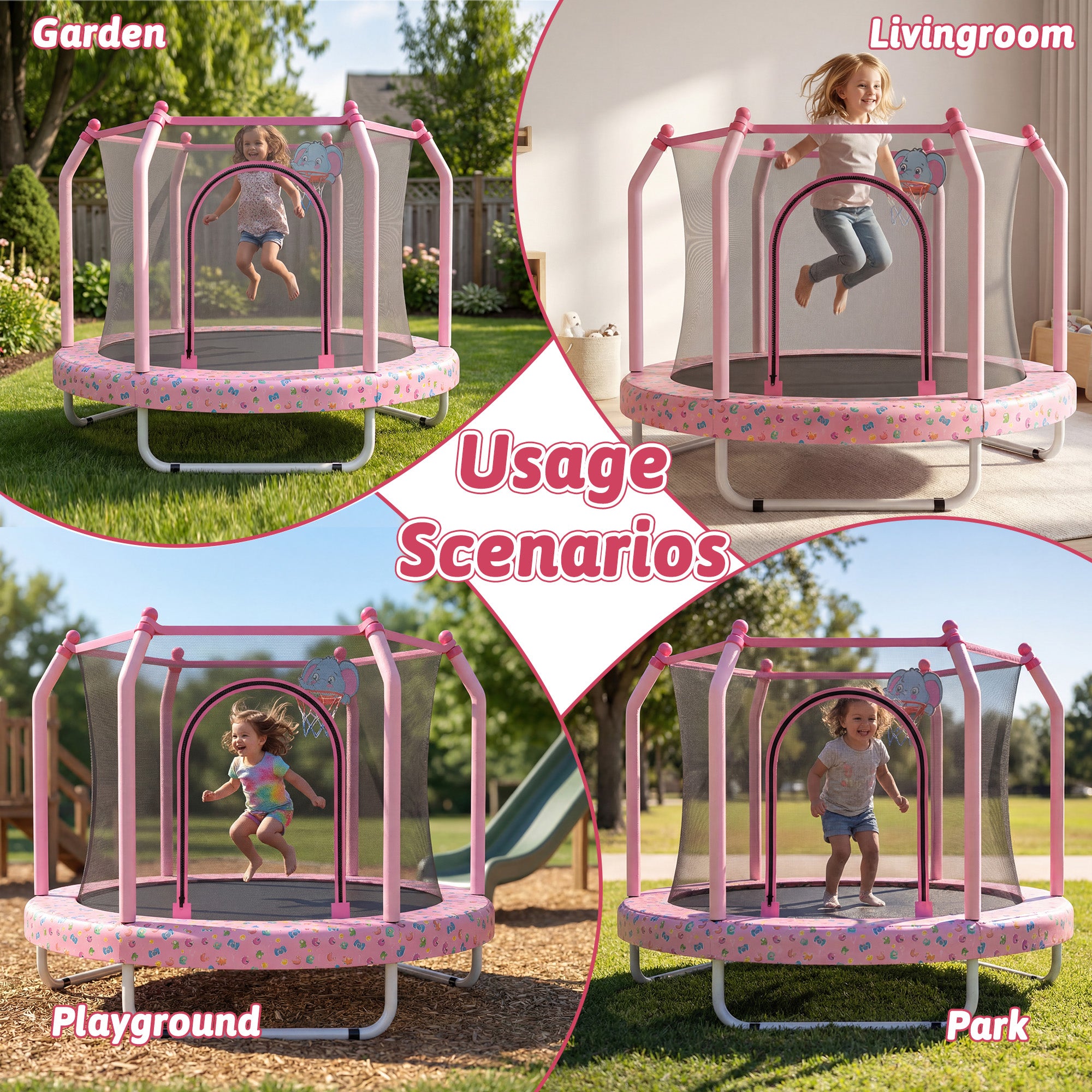 Mersco 55inch Toddler Trampoline, Mini Trampoline for Kids with Enclosure and Basketball Hoop,Indoor Outdoor Kids Trampoline Birthday Gifts, Pink