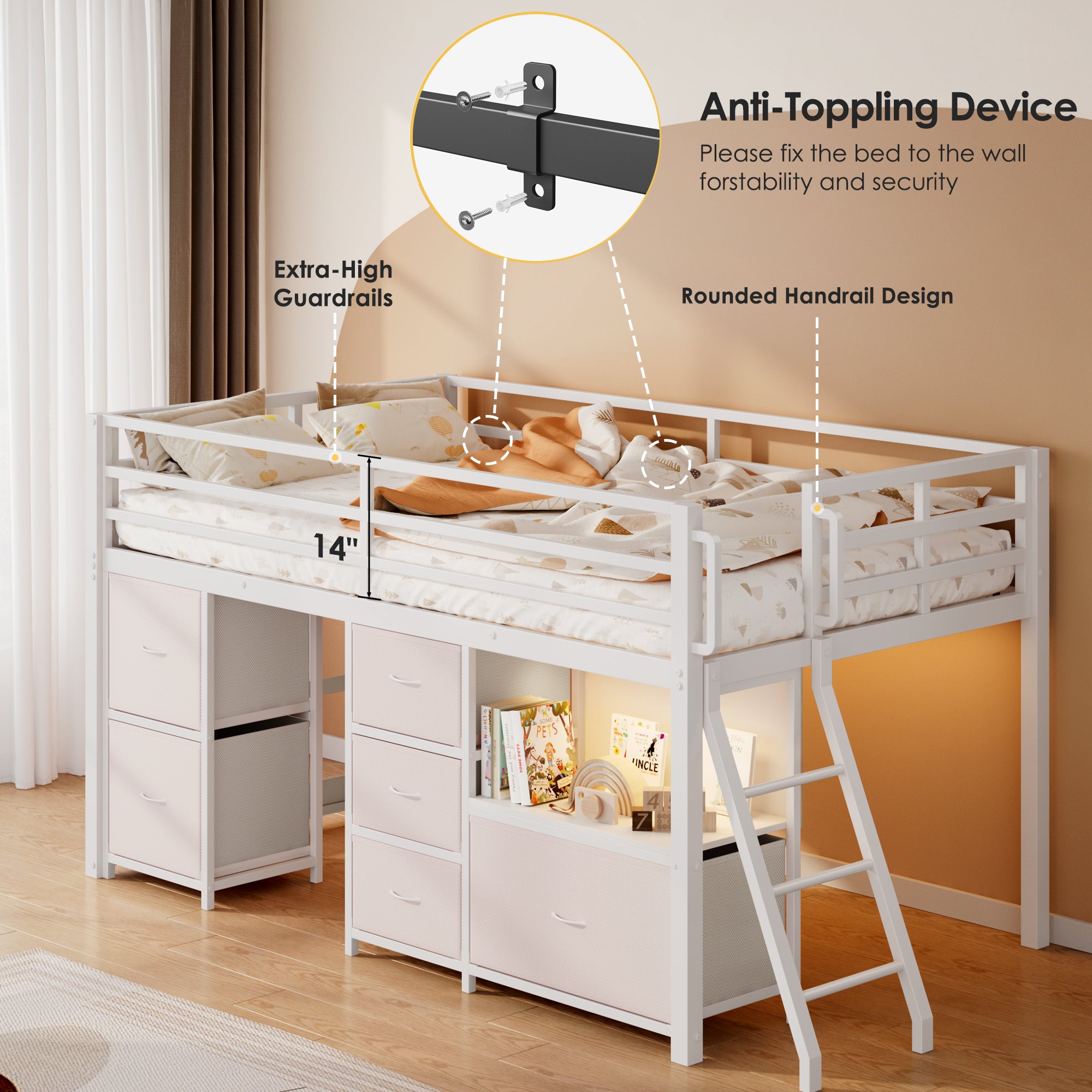 Kdymod Twin Loft Bed with 6 Storage Drawers & Shelf, Loft Bed with LED Lights & Play Curtain, Metal Loft Bed Frame with Ladder & Safety Guardrail, White